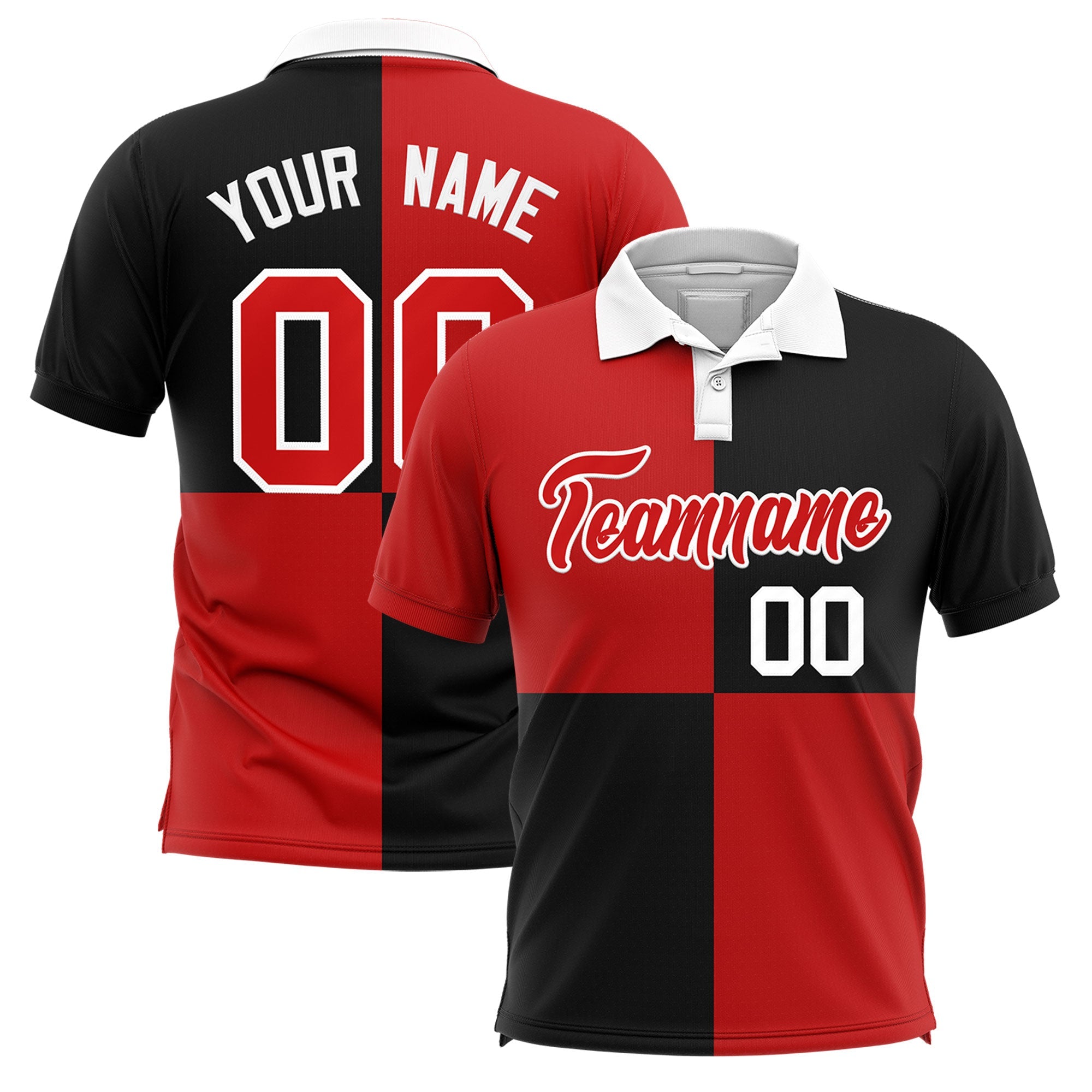 Custom Red Black Four Squares Design Performance Polo Shirt