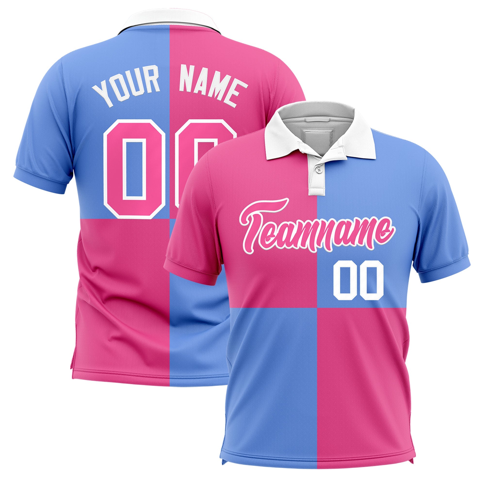 Custom Pink Light Blue Four Squares Design Performance Polo Shirt