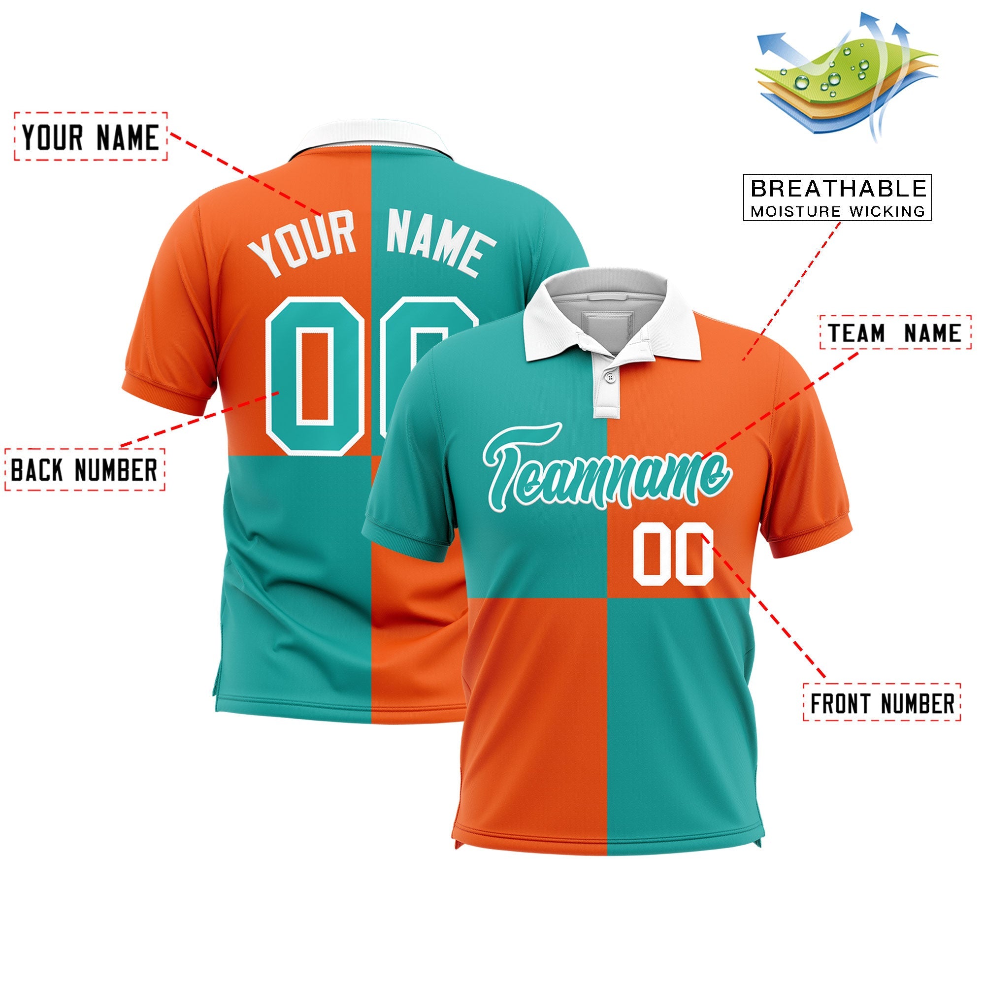 Custom Aqua Orange Four Squares Design Performance Polo Shirt