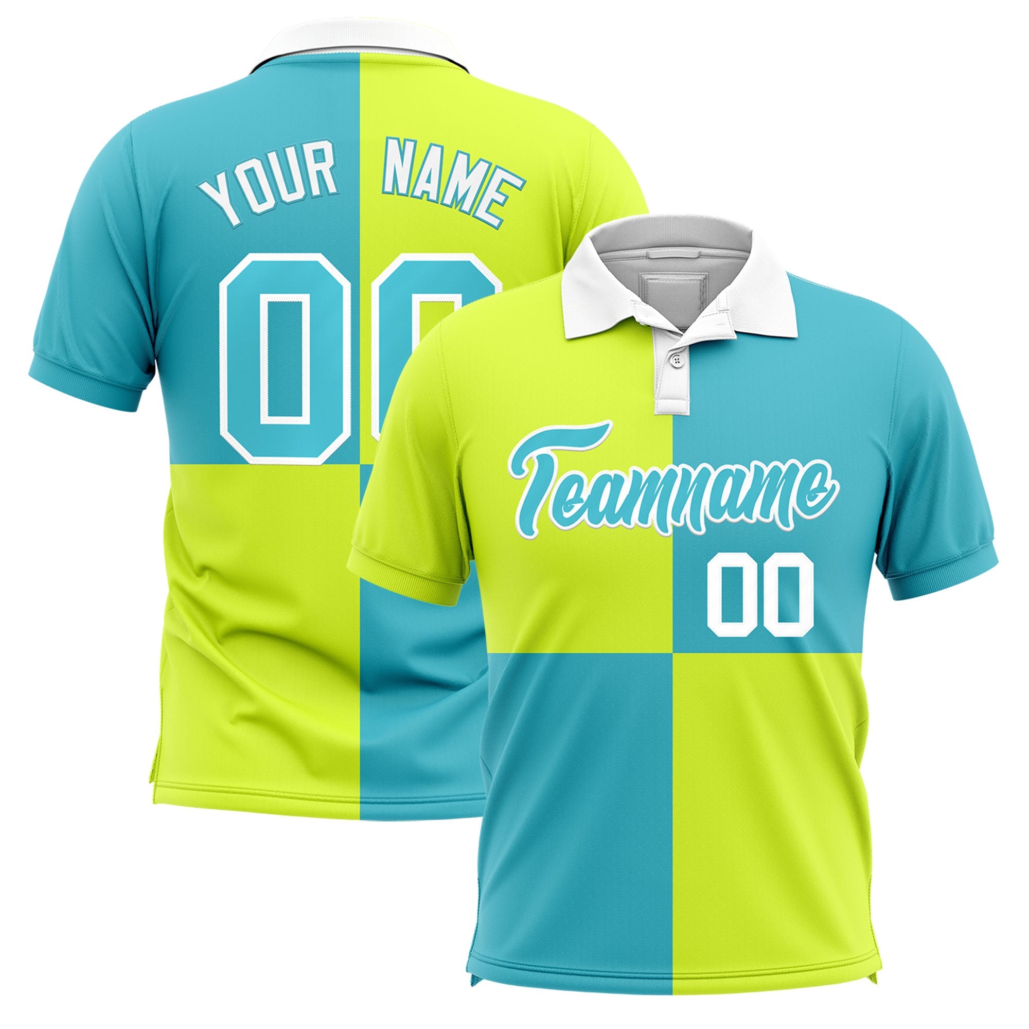 Custom Fluorescent Green Sky Blue Four Squares Design Performance Polo Shirt