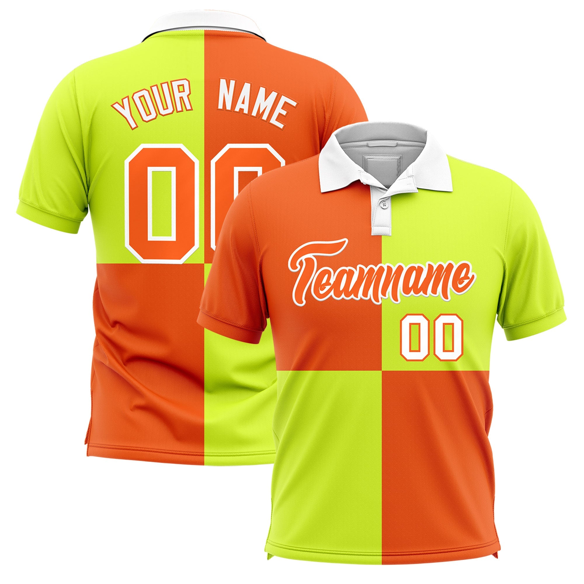 Custom Orange Fluorescent Green Four Squares Design Performance Polo Shirt