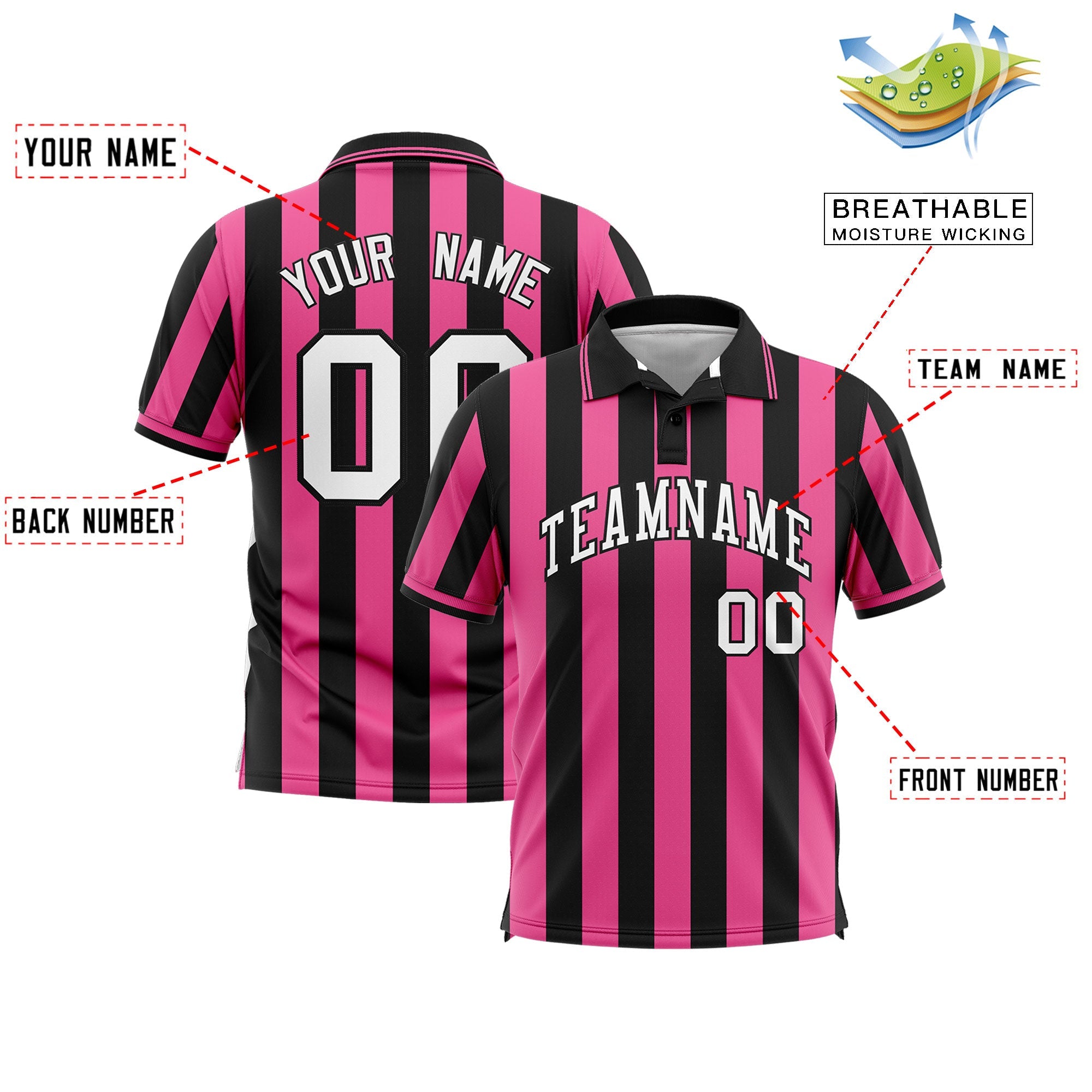 Custom Black Pink Vertical Stripes Design Performance Polo Shirt