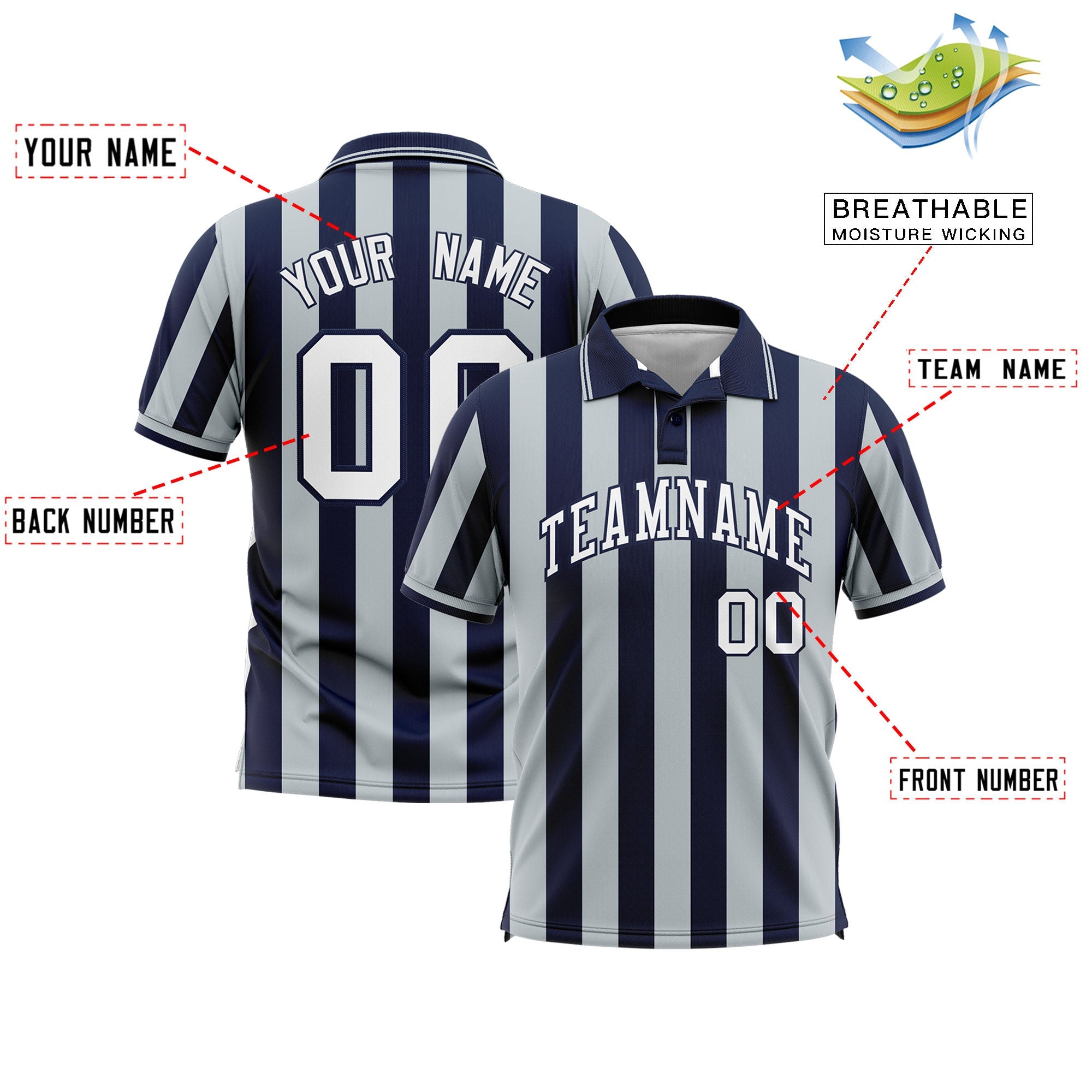 Custom Navy Silver Vertical Stripes Design Performance Polo Shirt