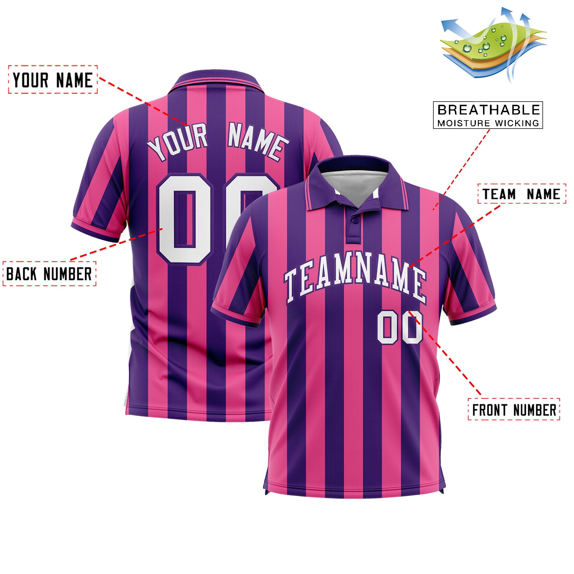 Custom Purple Pink Vertical Stripes Design Performance Polo Shirt