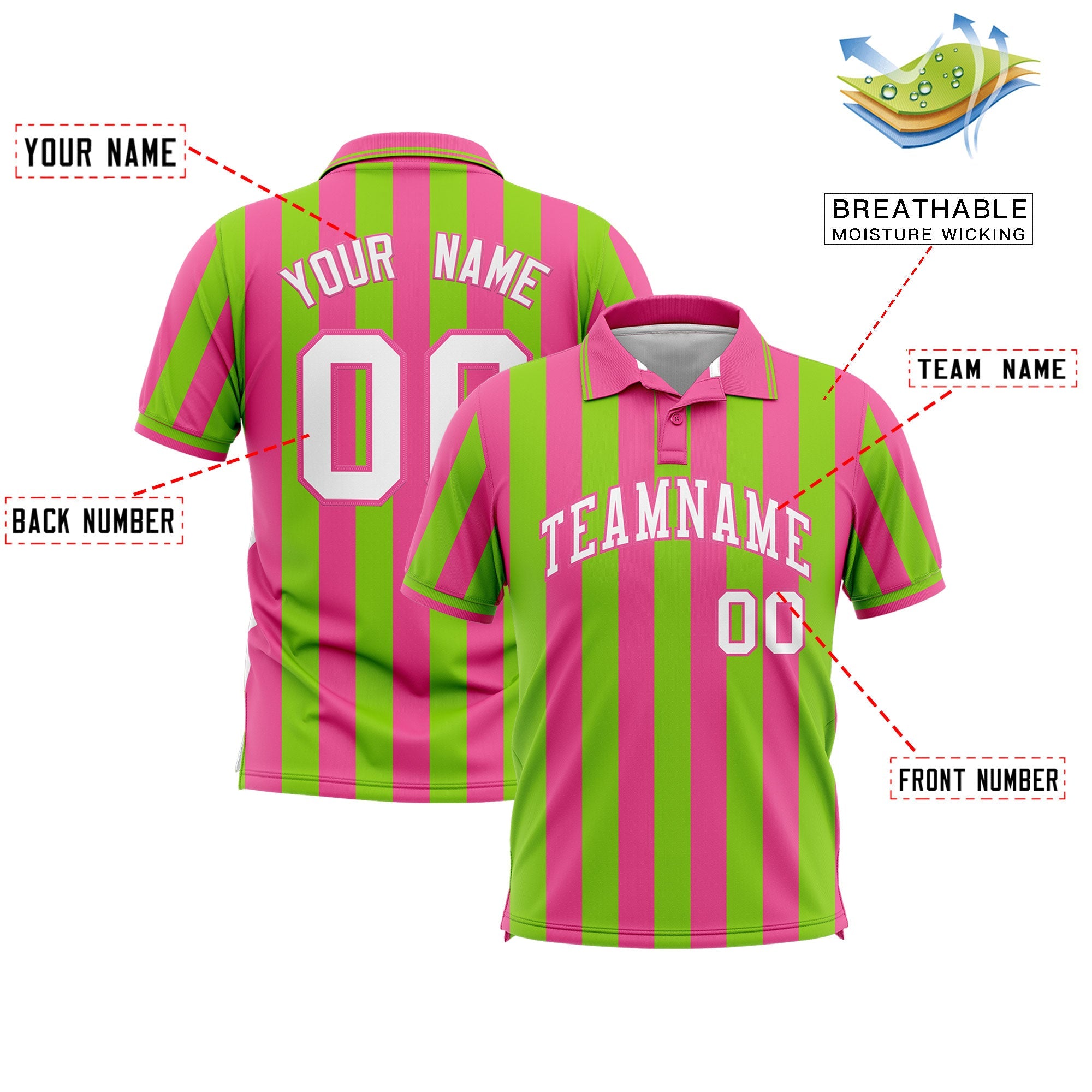 Custom Pink Neon Green Vertical Stripes Design Performance Polo Shirt