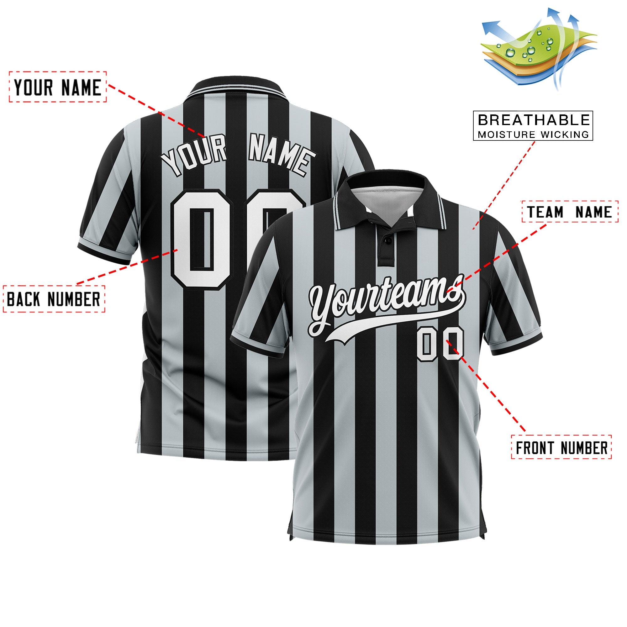 Custom Black Silver Vertical Stripes Design Performance Polo Shirt