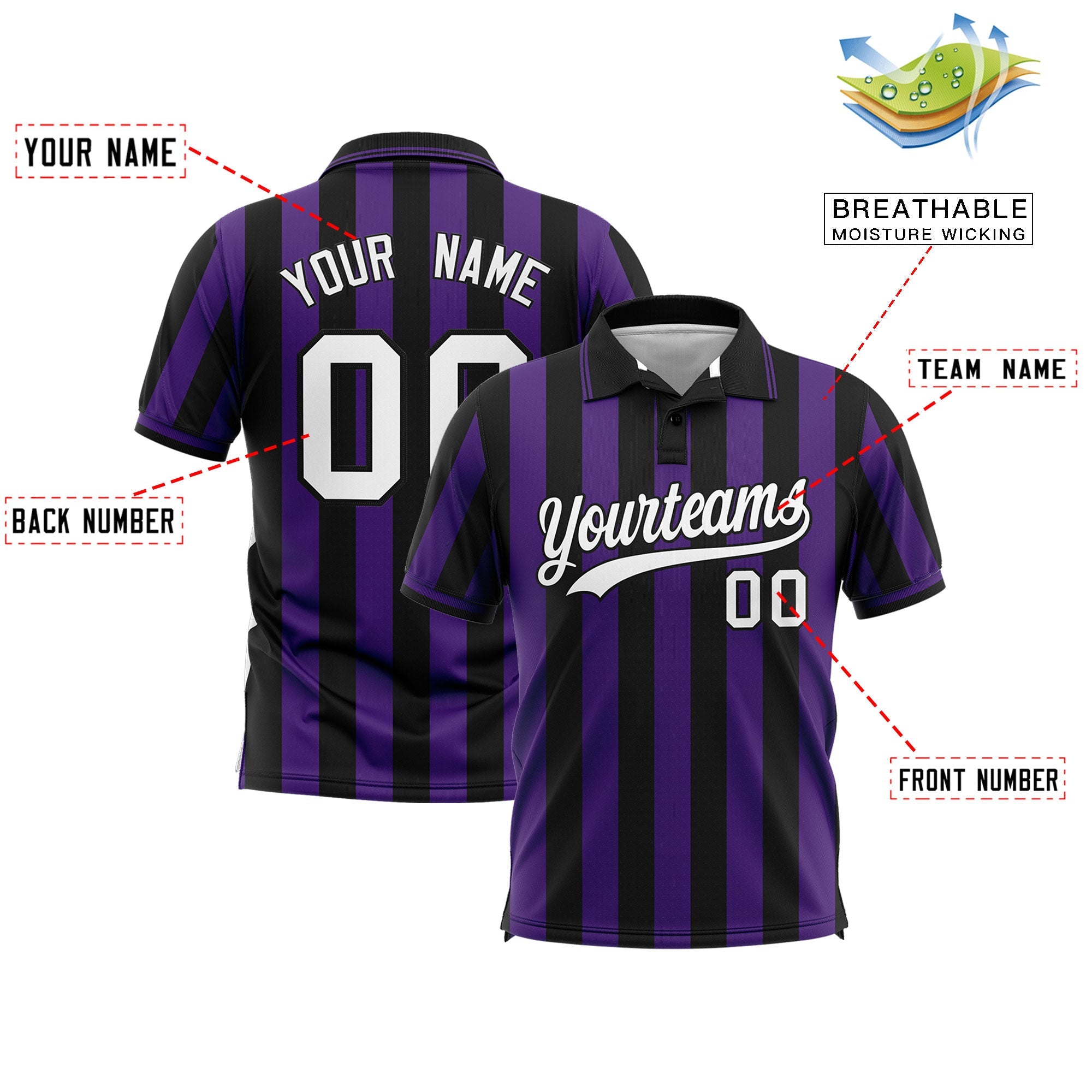 Custom Black Purple Vertical Stripes Design Performance Polo Shirt