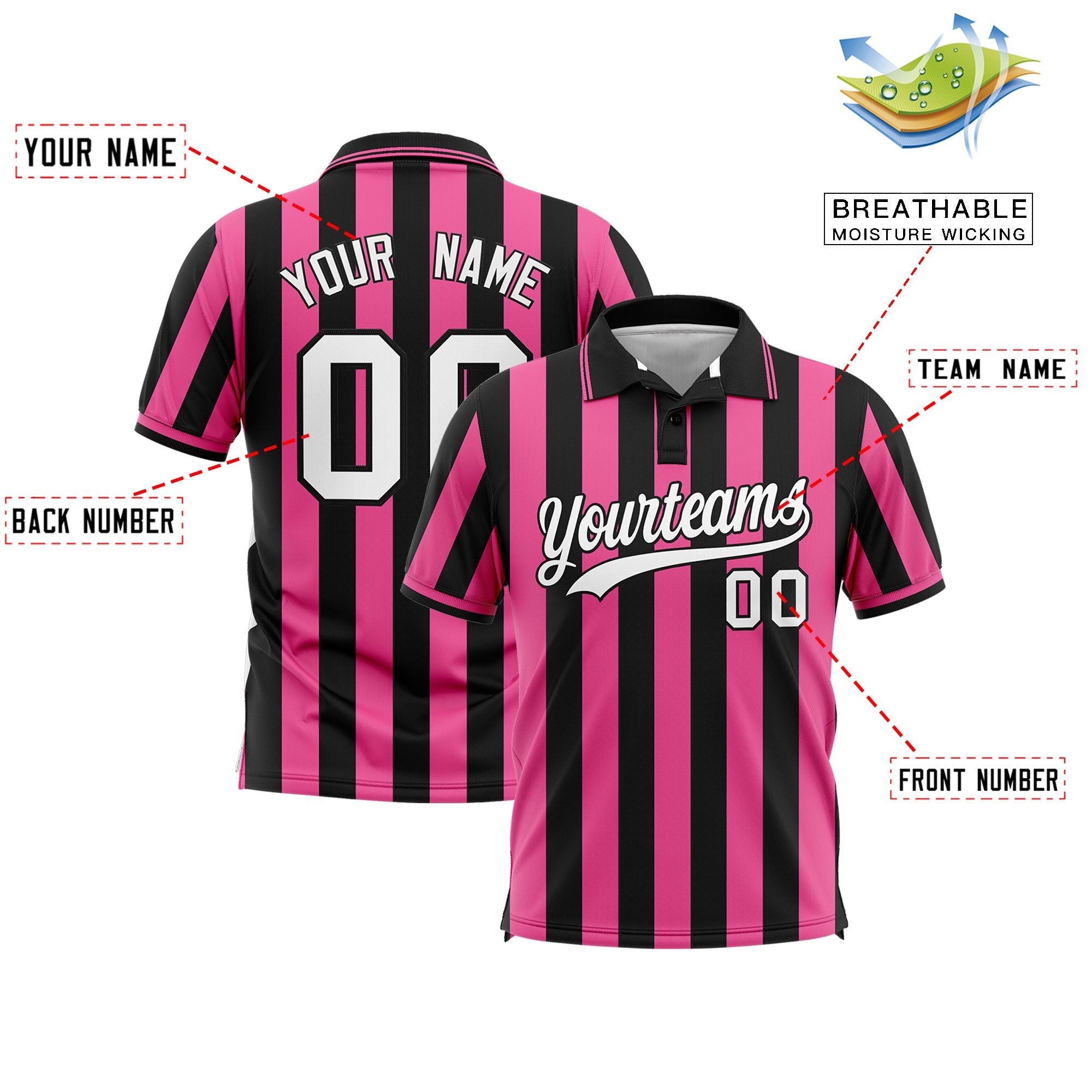 Custom Black Pink Vertical Stripes Design Performance Polo Shirt