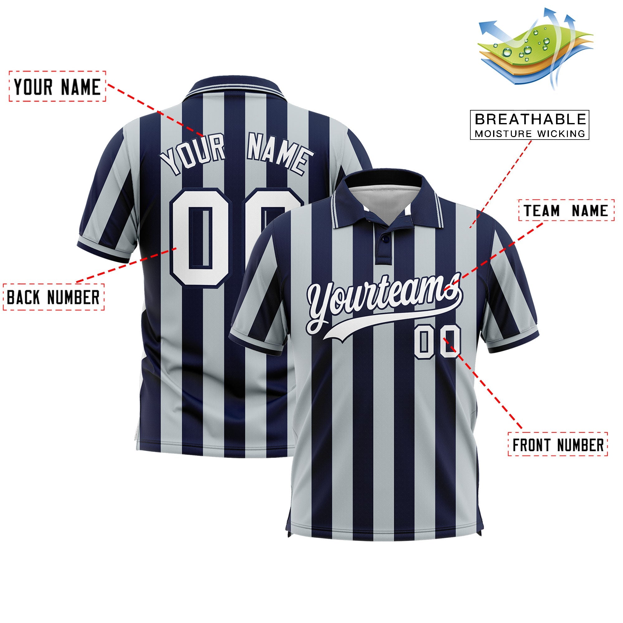 Custom Navy Silver Vertical Stripes Design Performance Polo Shirt