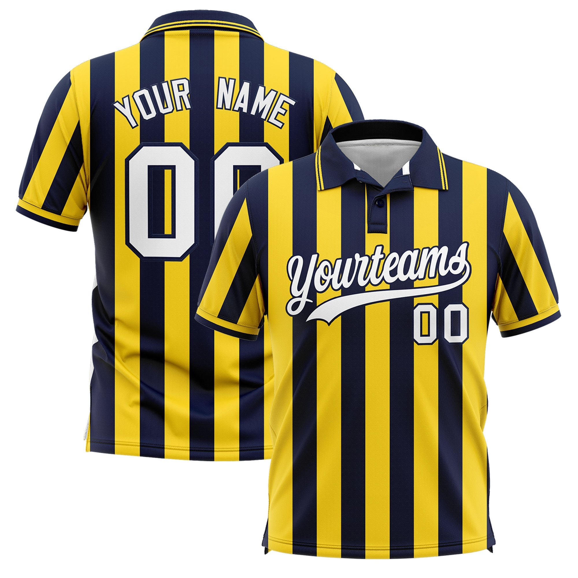 Custom Navy Gold Vertical Stripes Design Performance Polo Shirt