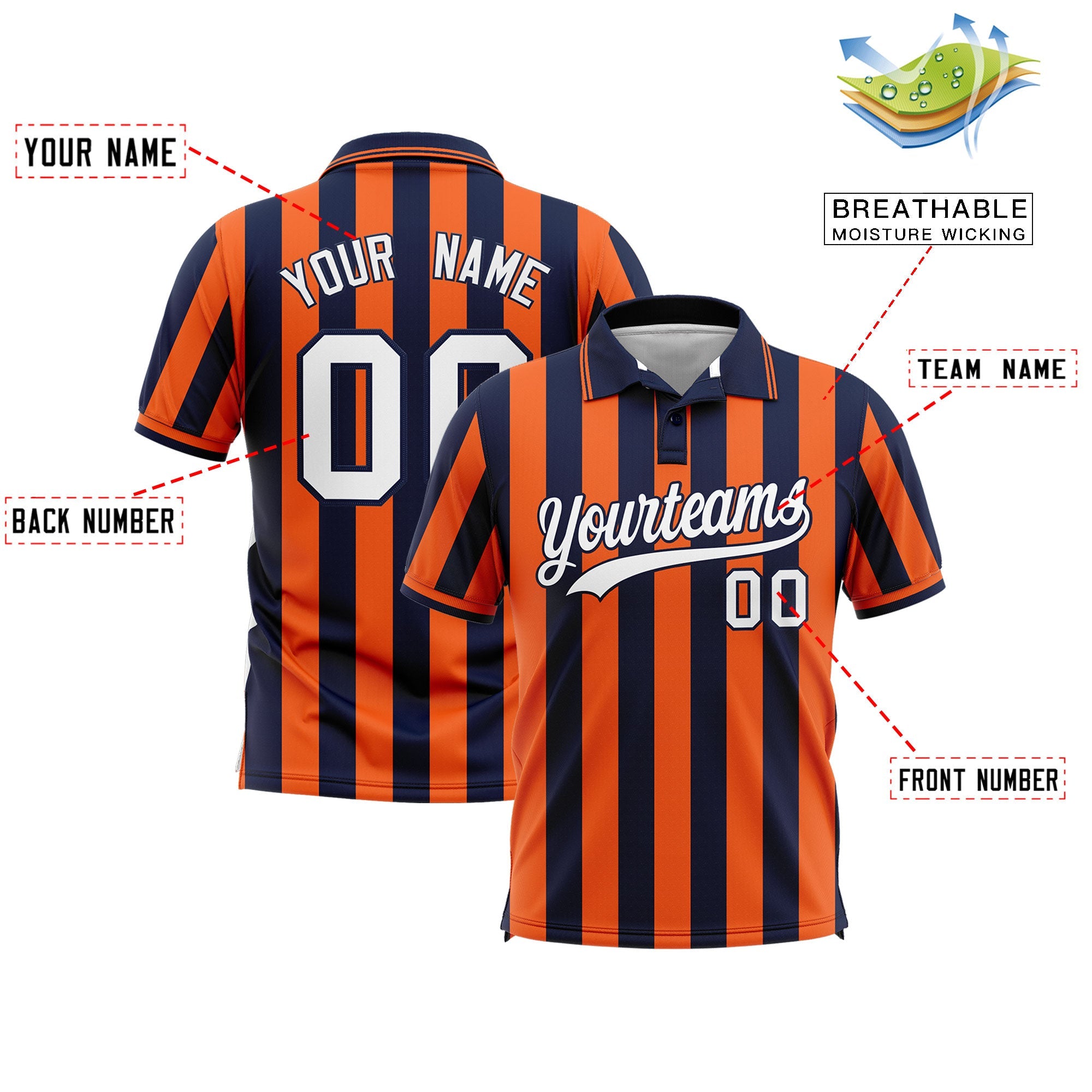 Custom Navy Orange Vertical Stripes Design Performance Polo Shirt