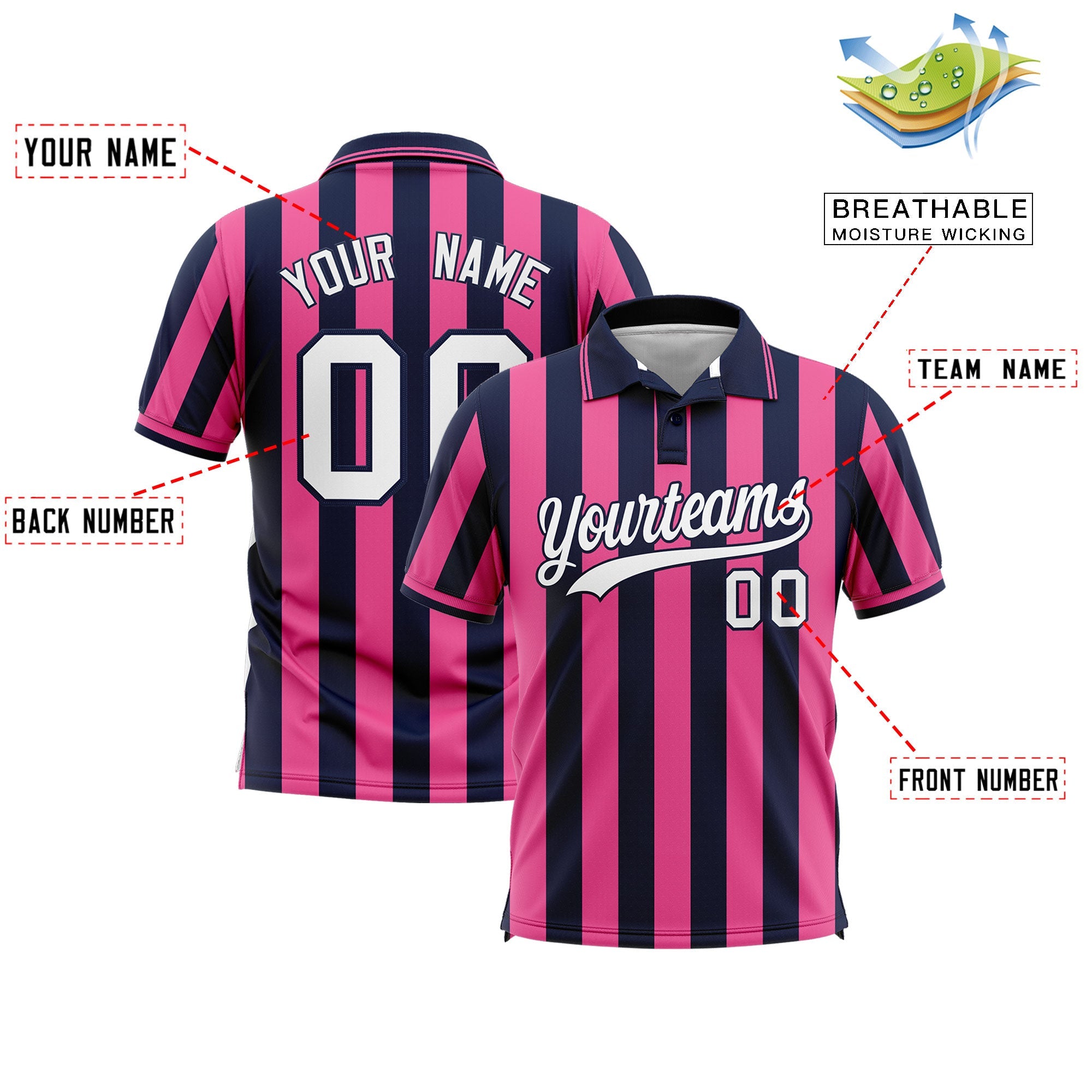 Custom Navy Pink Vertical Stripes Design Performance Polo Shirt