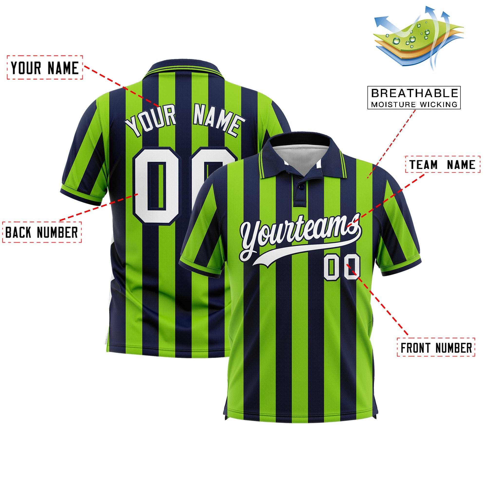 Custom Navy Neon Green Vertical Stripes Design Performance Polo Shirt