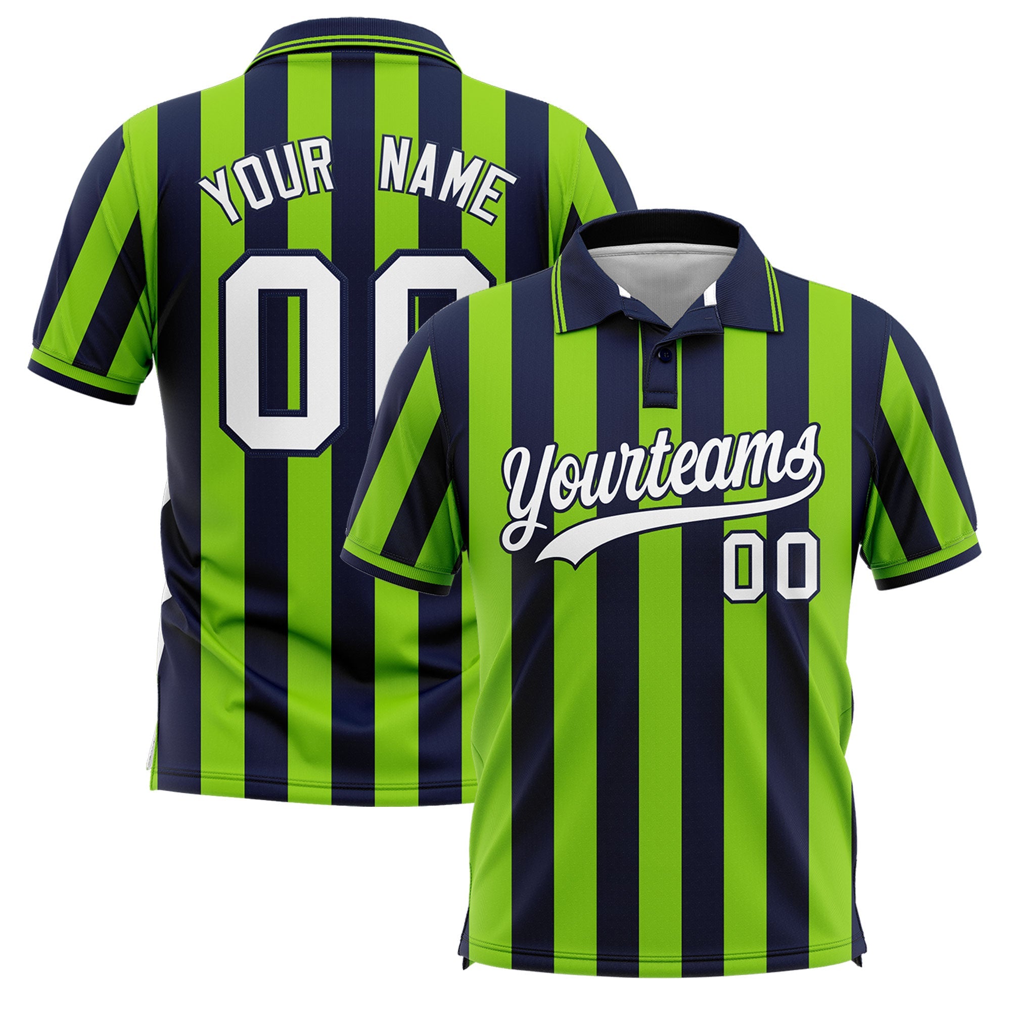 Custom Navy Neon Green Vertical Stripes Design Performance Polo Shirt