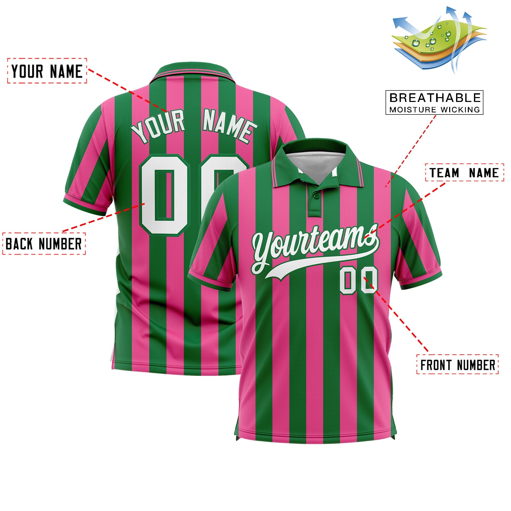 Custom Kelly Green Pink Vertical Stripes Design Performance Polo Shirt