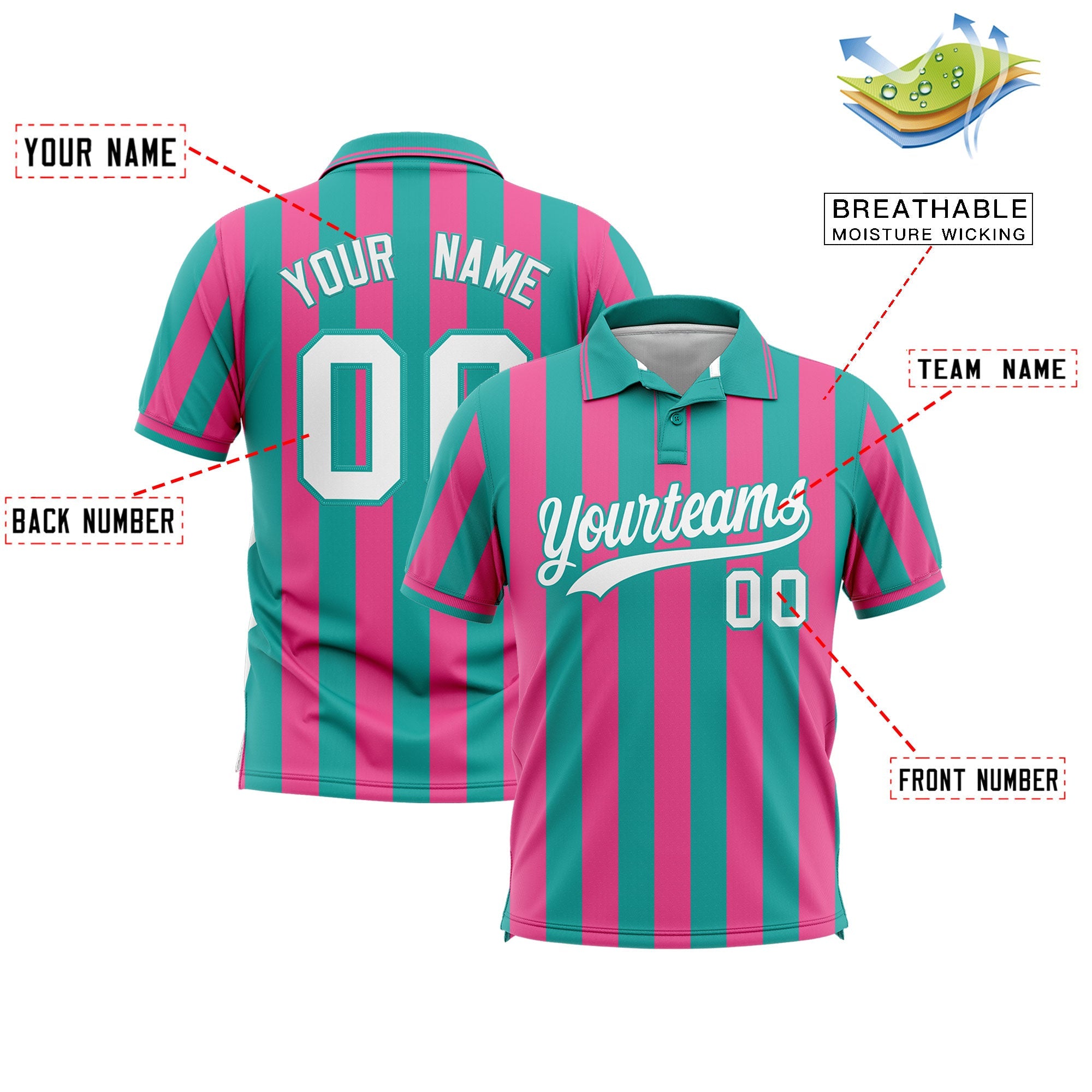 Custom Aqua Pink Vertical Stripes Design Performance Polo Shirt