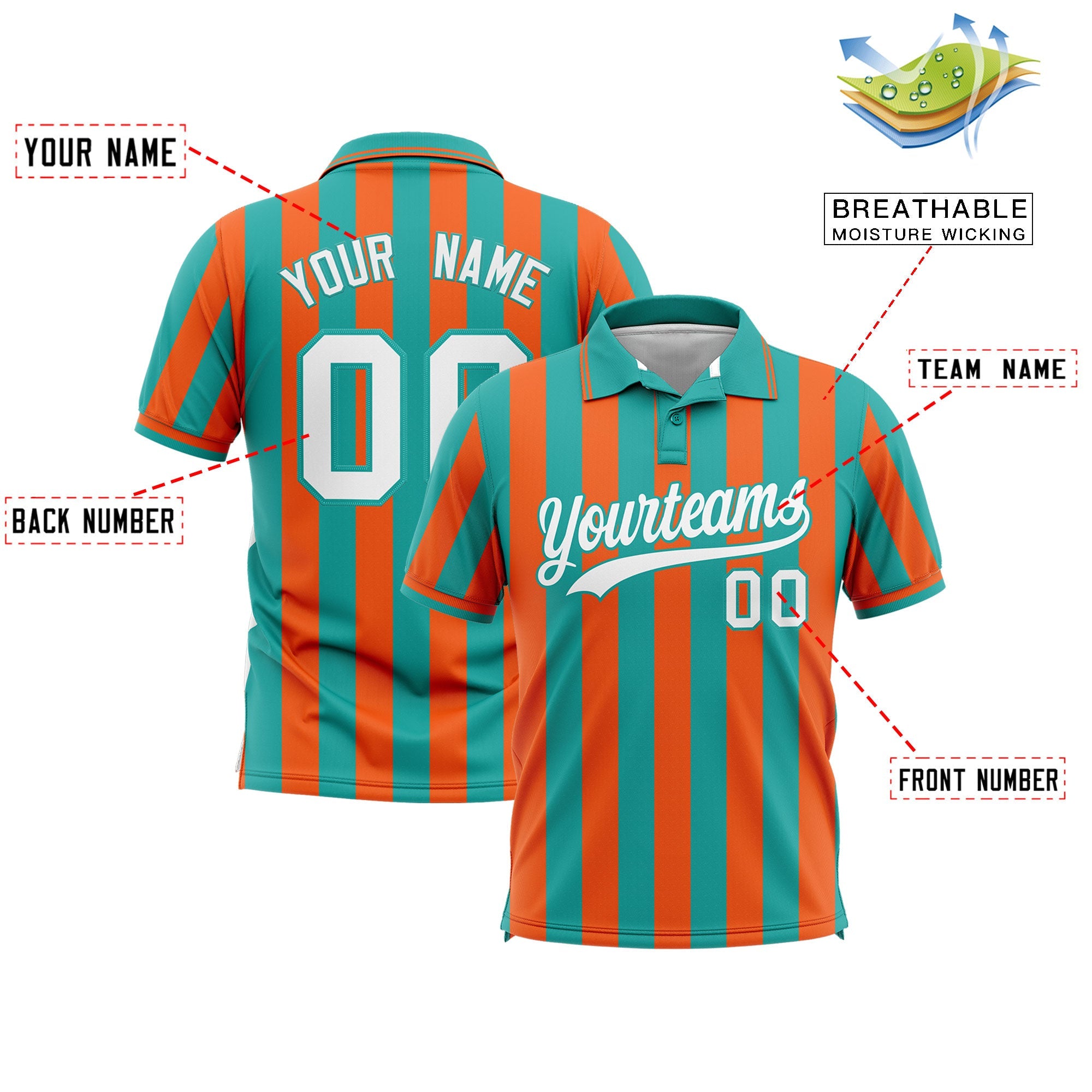 Custom Aqua Orange Vertical Stripes Design Performance Polo Shirt