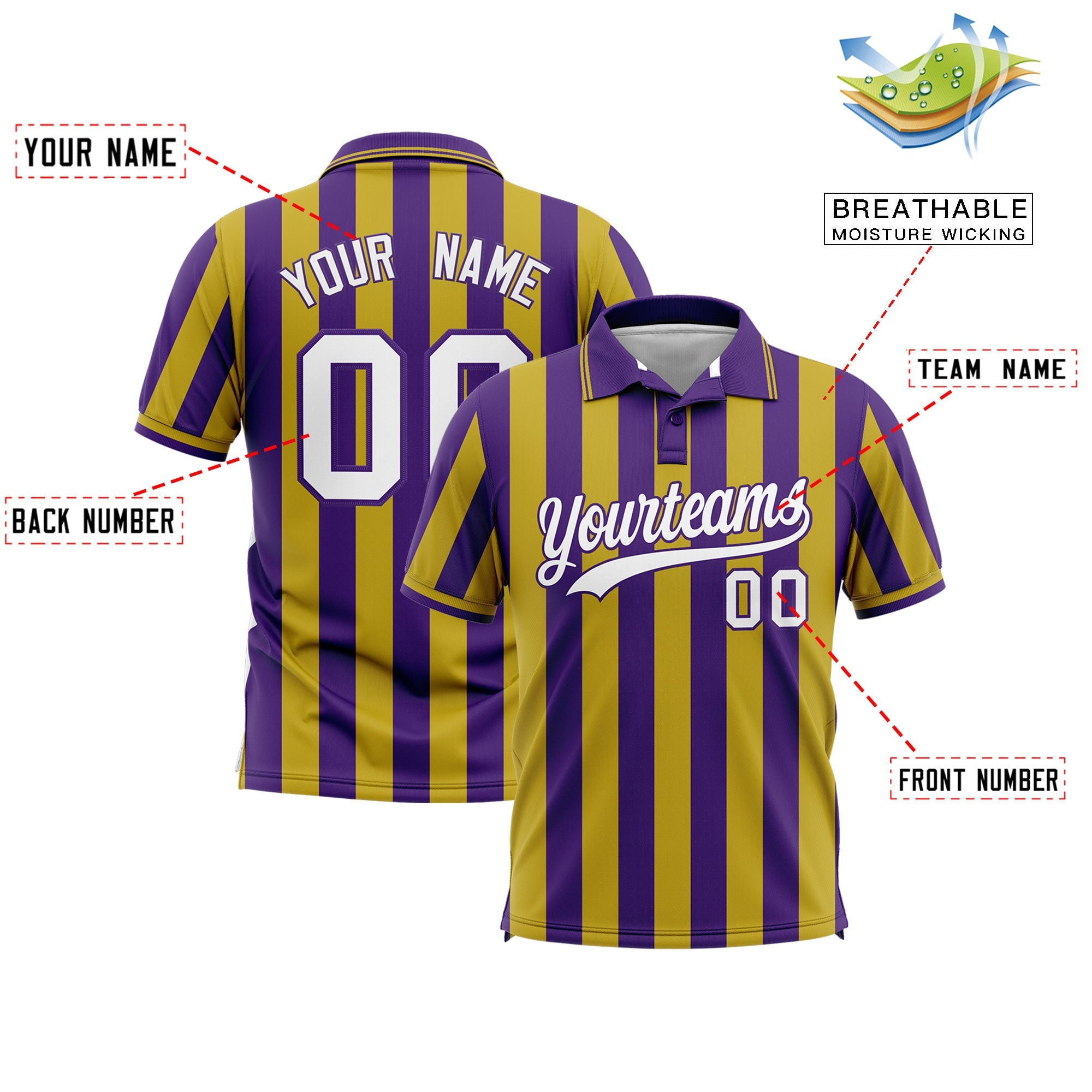 Custom Purple Old Gold Vertical Stripes Design Performance Polo Shirt