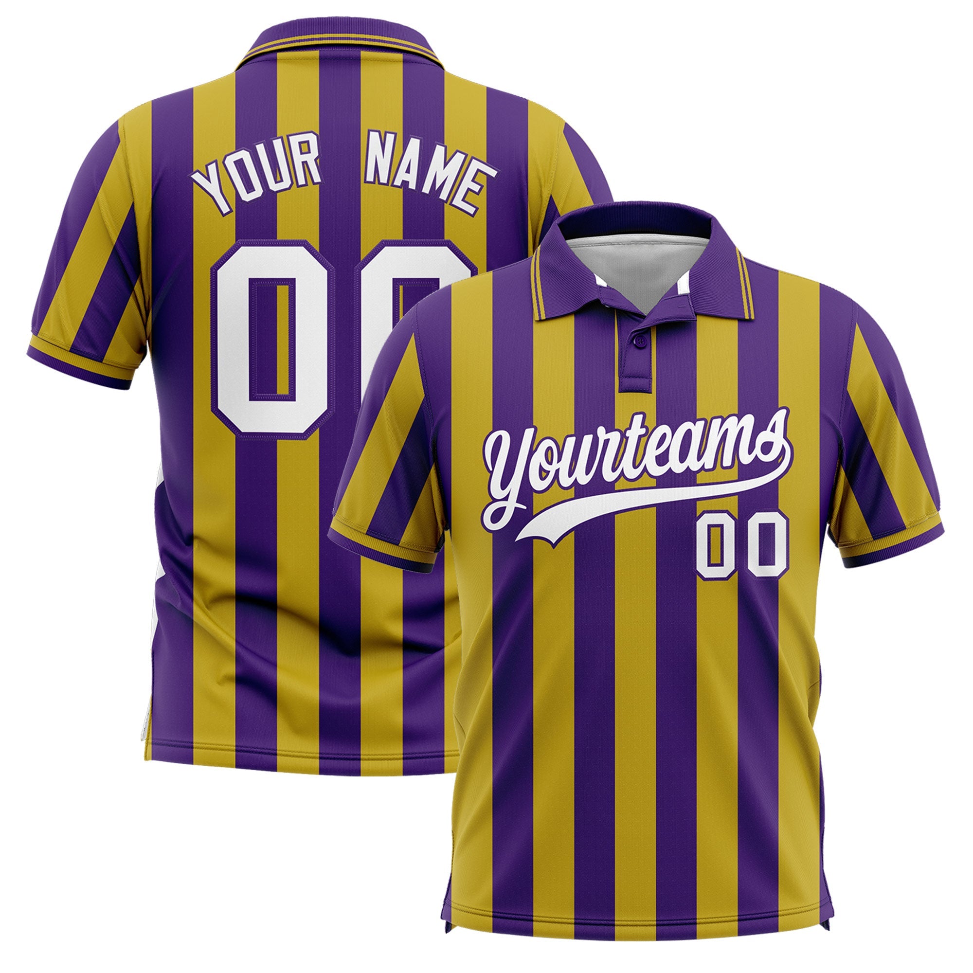 Custom Purple Old Gold Vertical Stripes Design Performance Polo Shirt