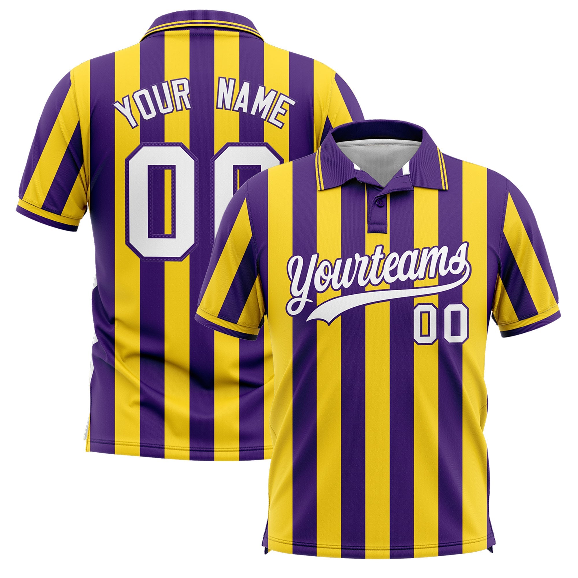 Custom Purple Gold Vertical Stripes Design Performance Polo Shirt