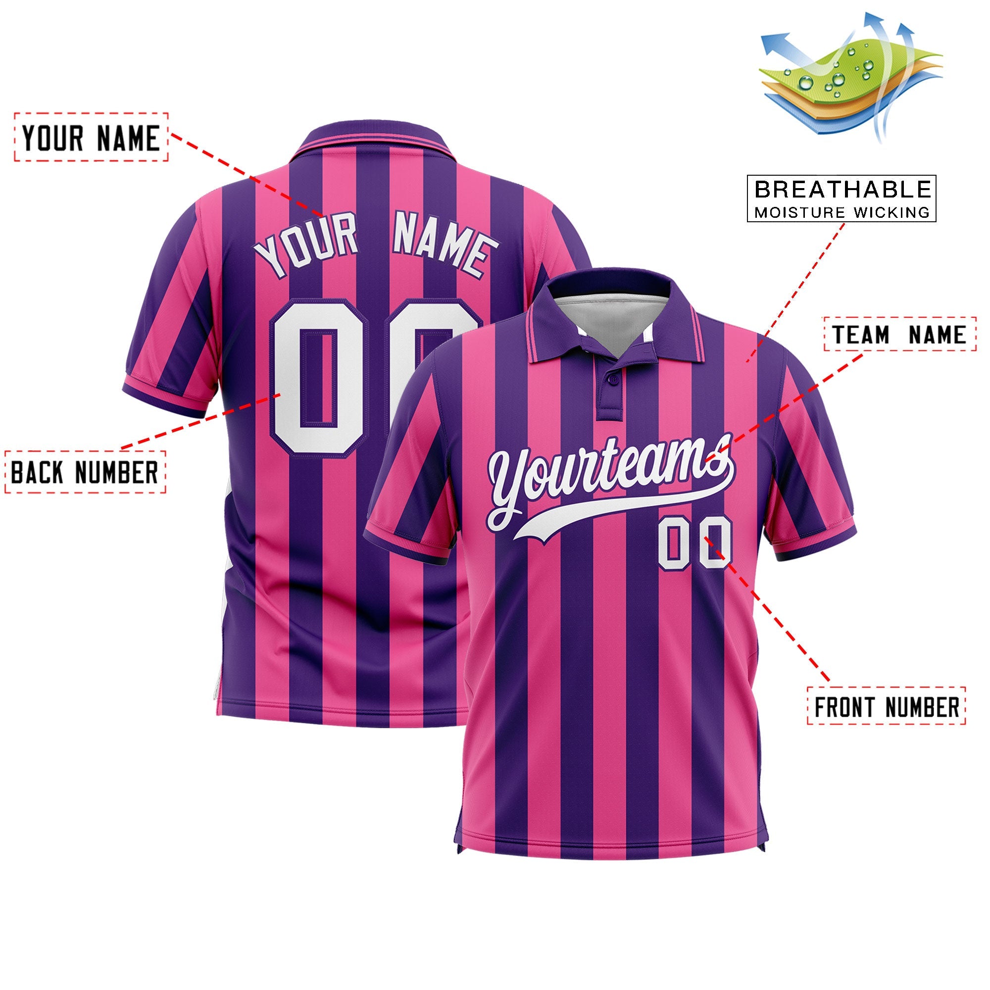 Custom Purple Pink Vertical Stripes Design Performance Polo Shirt