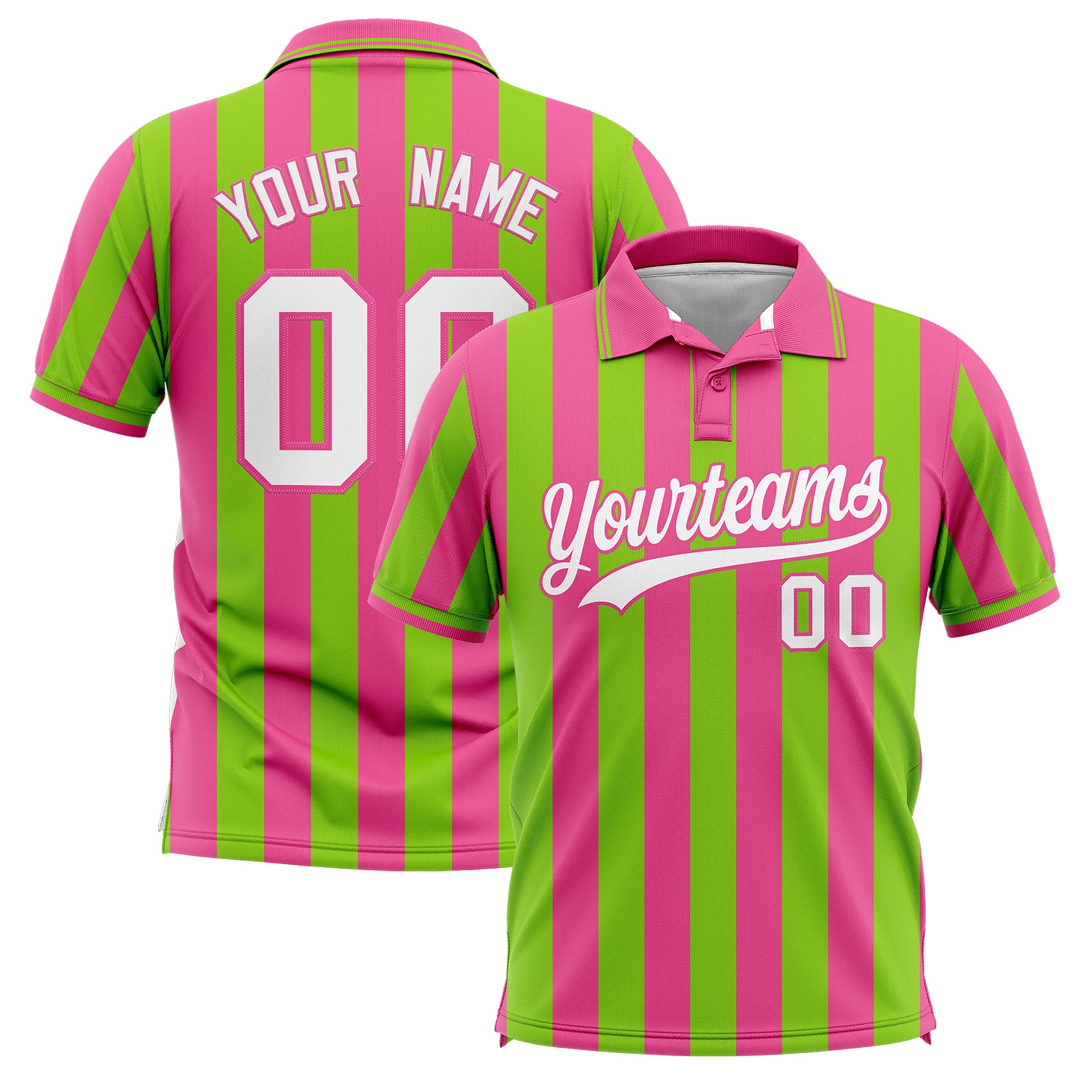 Custom Pink Neon Green Vertical Stripes Design Performance Polo Shirt