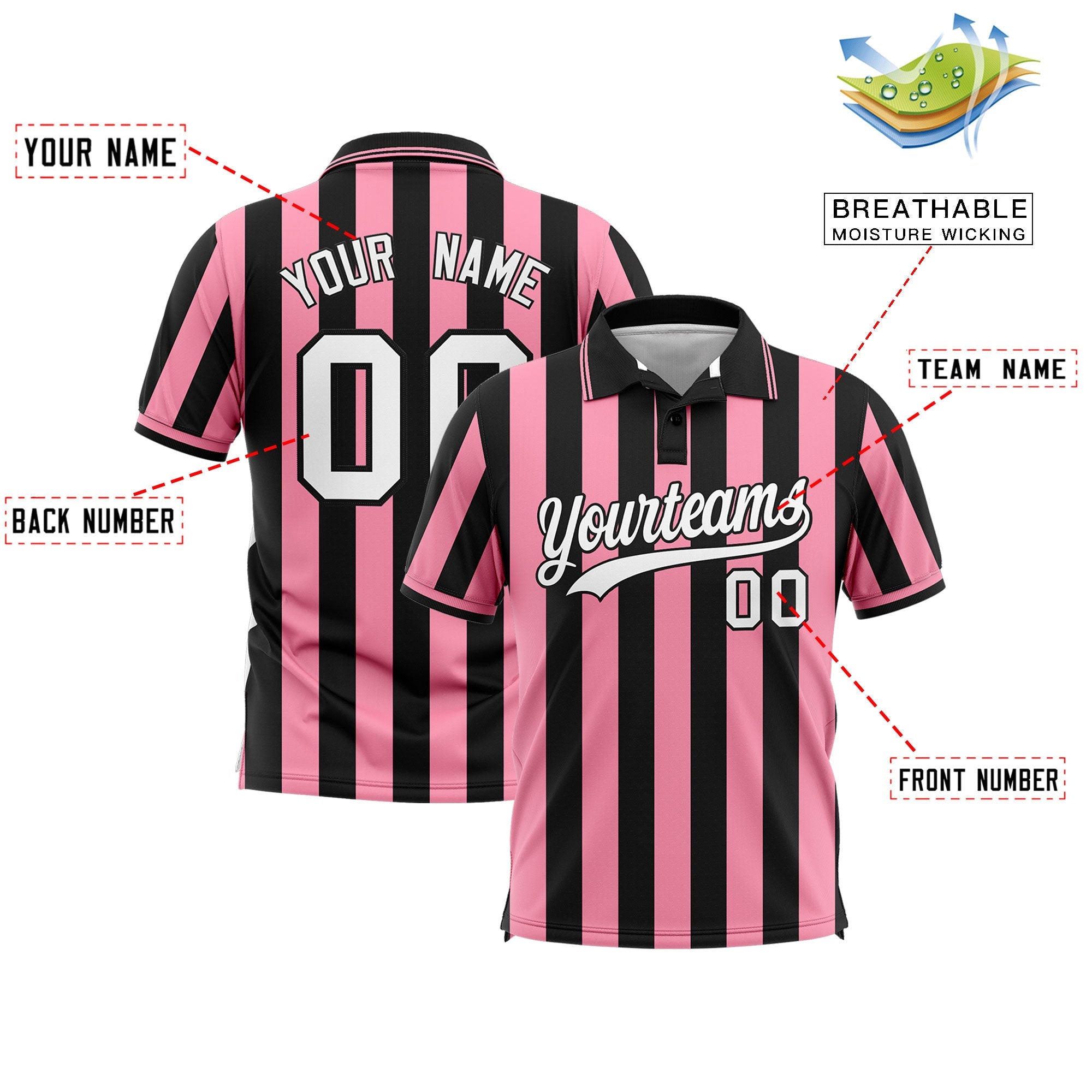 Custom Black Light Pink Vertical Stripes Design Performance Polo Shirt