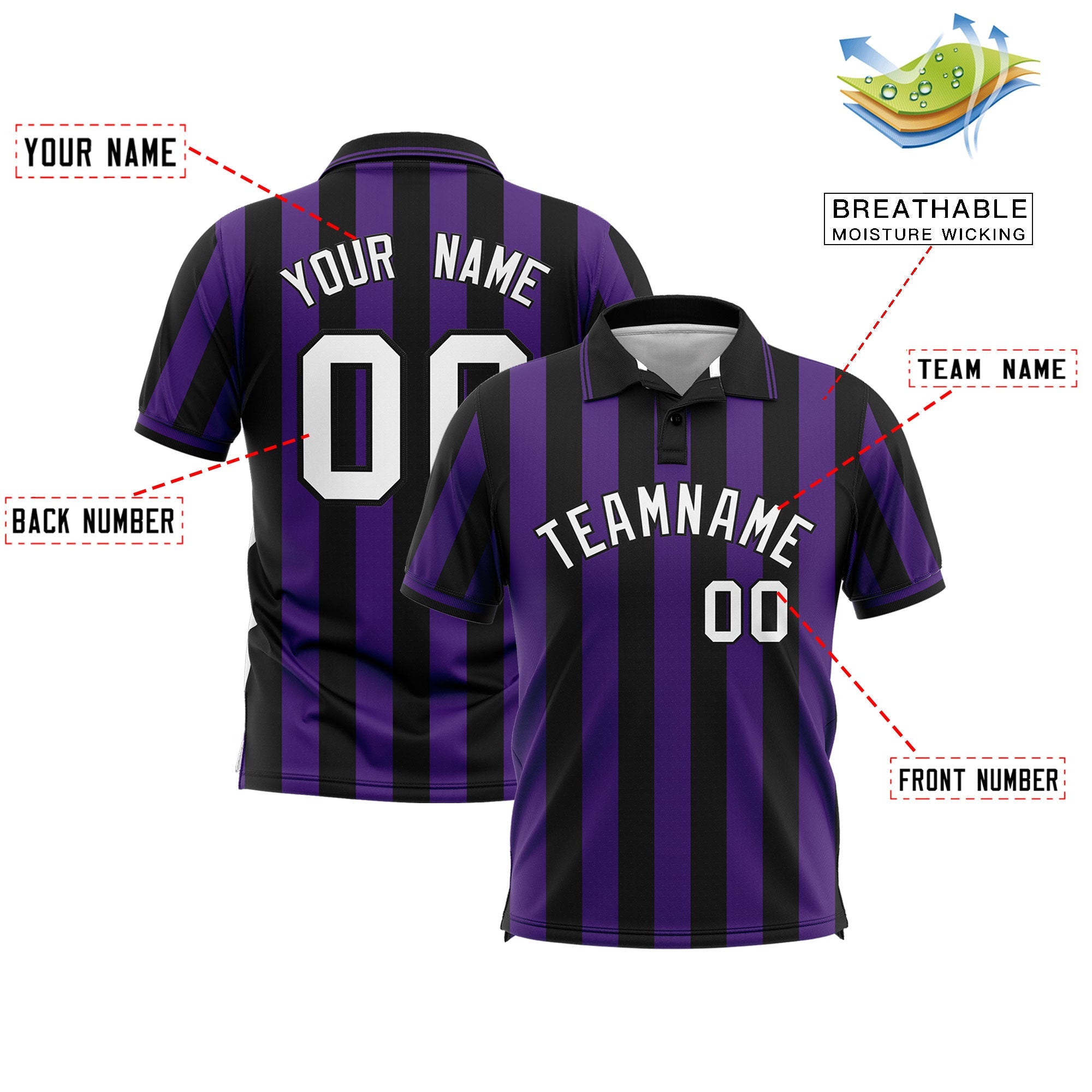 Custom Black Purple Vertical Stripes Design Performance Polo Shirt