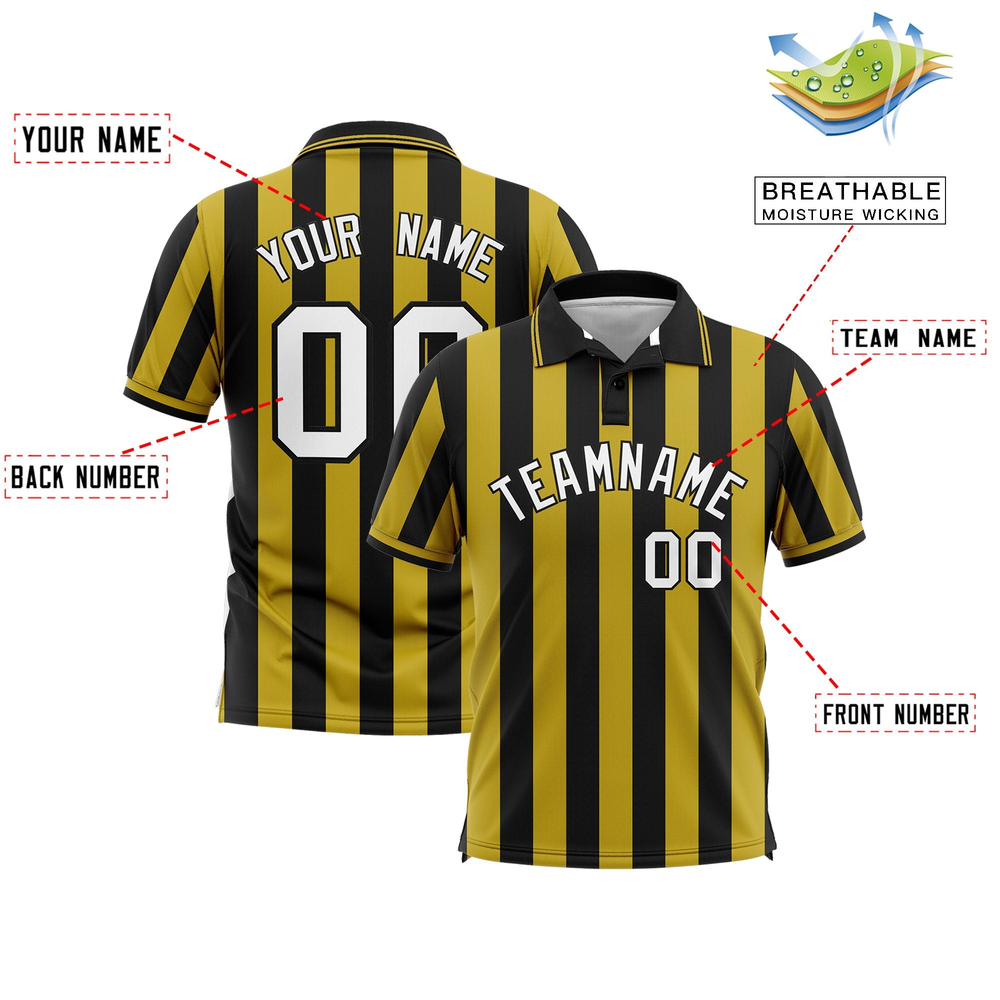 Custom Black Old Gold Vertical Stripes Design Performance Polo Shirt