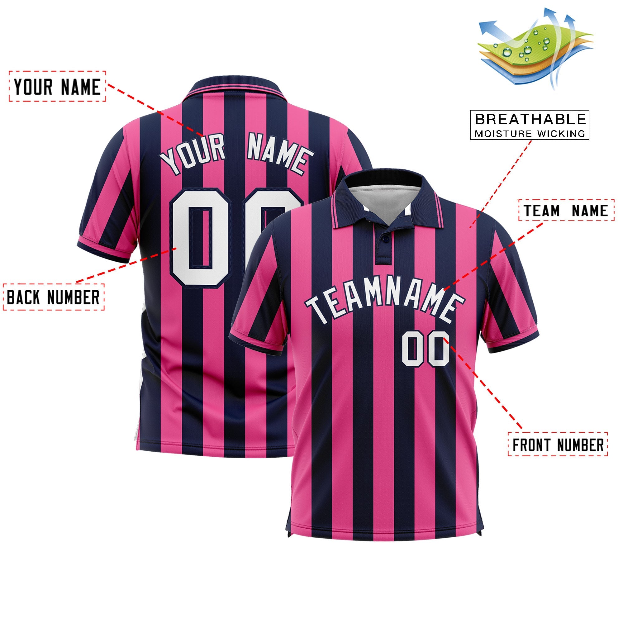 Custom Navy Pink Vertical Stripes Design Performance Polo Shirt