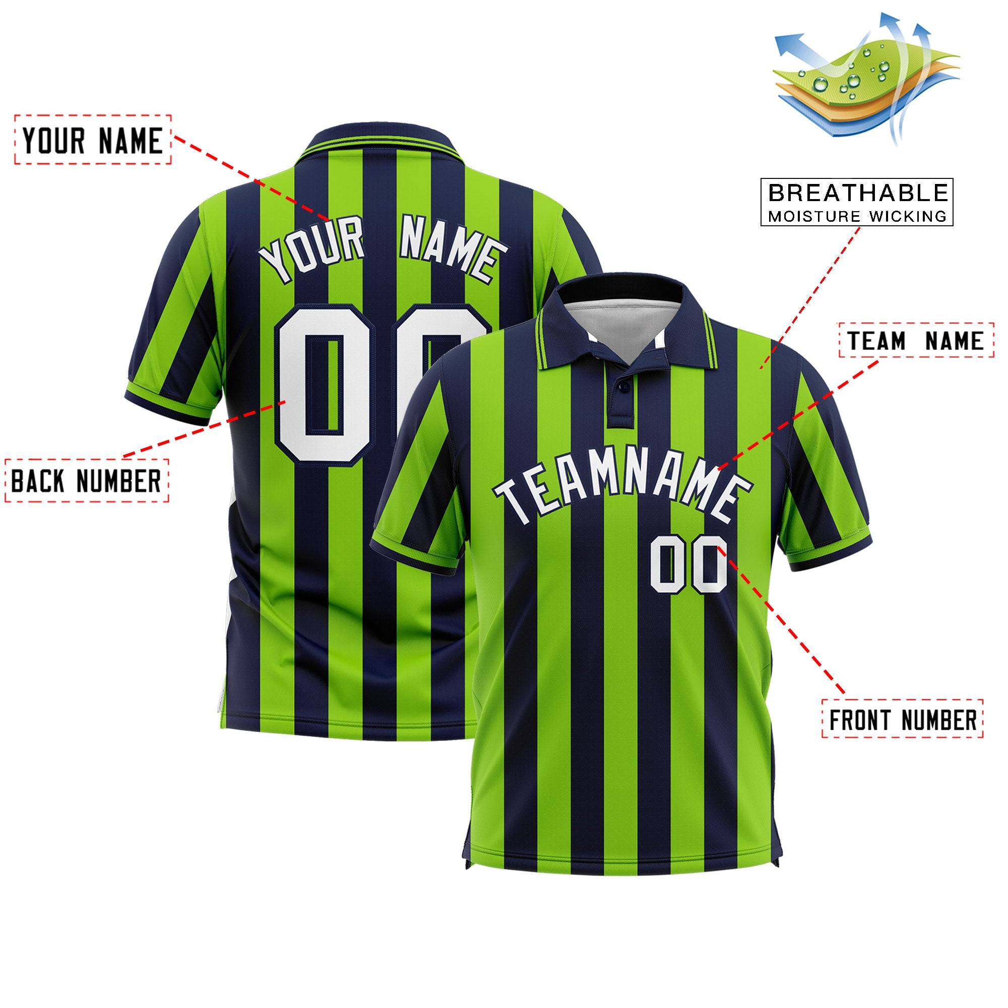 Custom Navy Neon Green Vertical Stripes Design Performance Polo Shirt