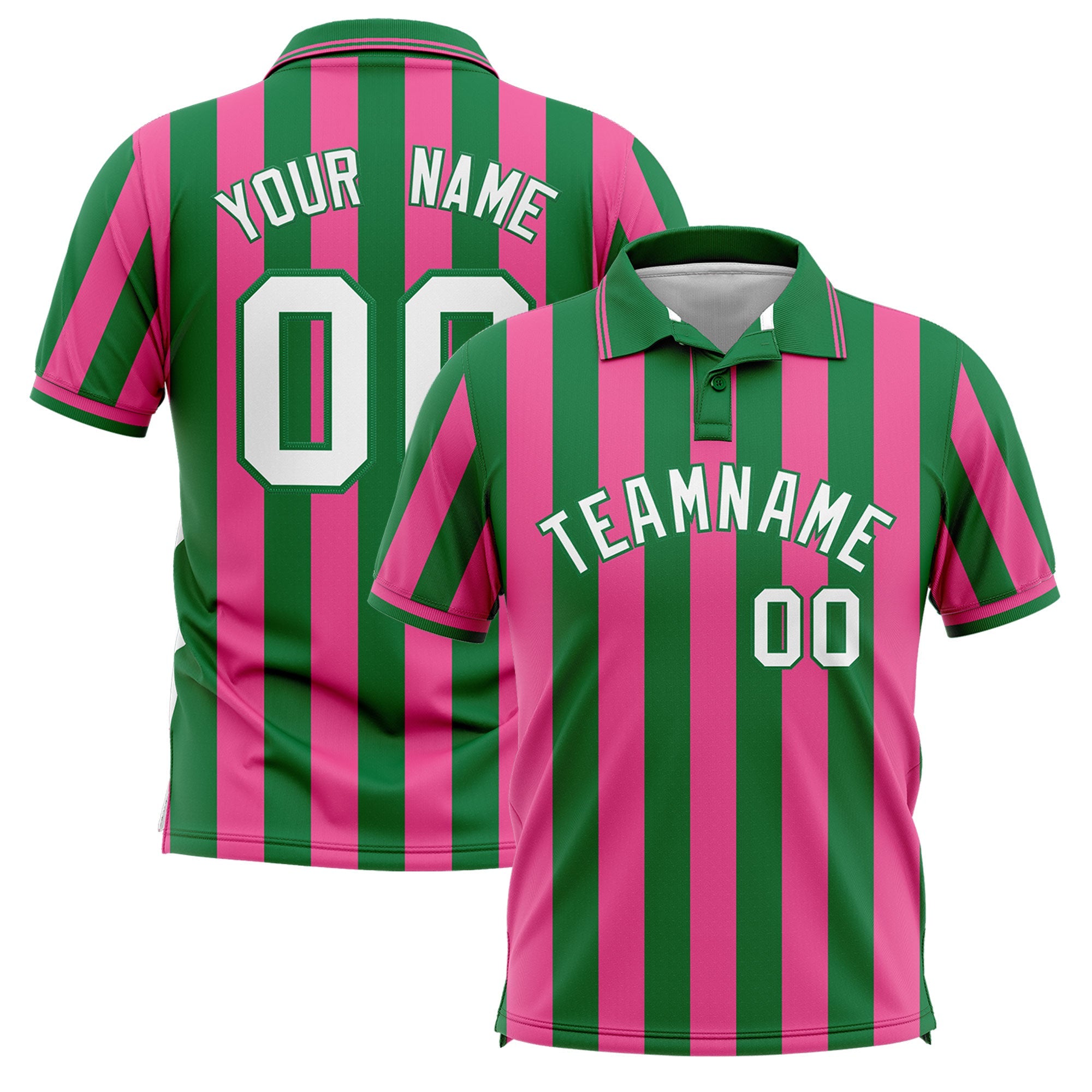 Custom Kelly Green Pink Vertical Stripes Design Performance Polo Shirt