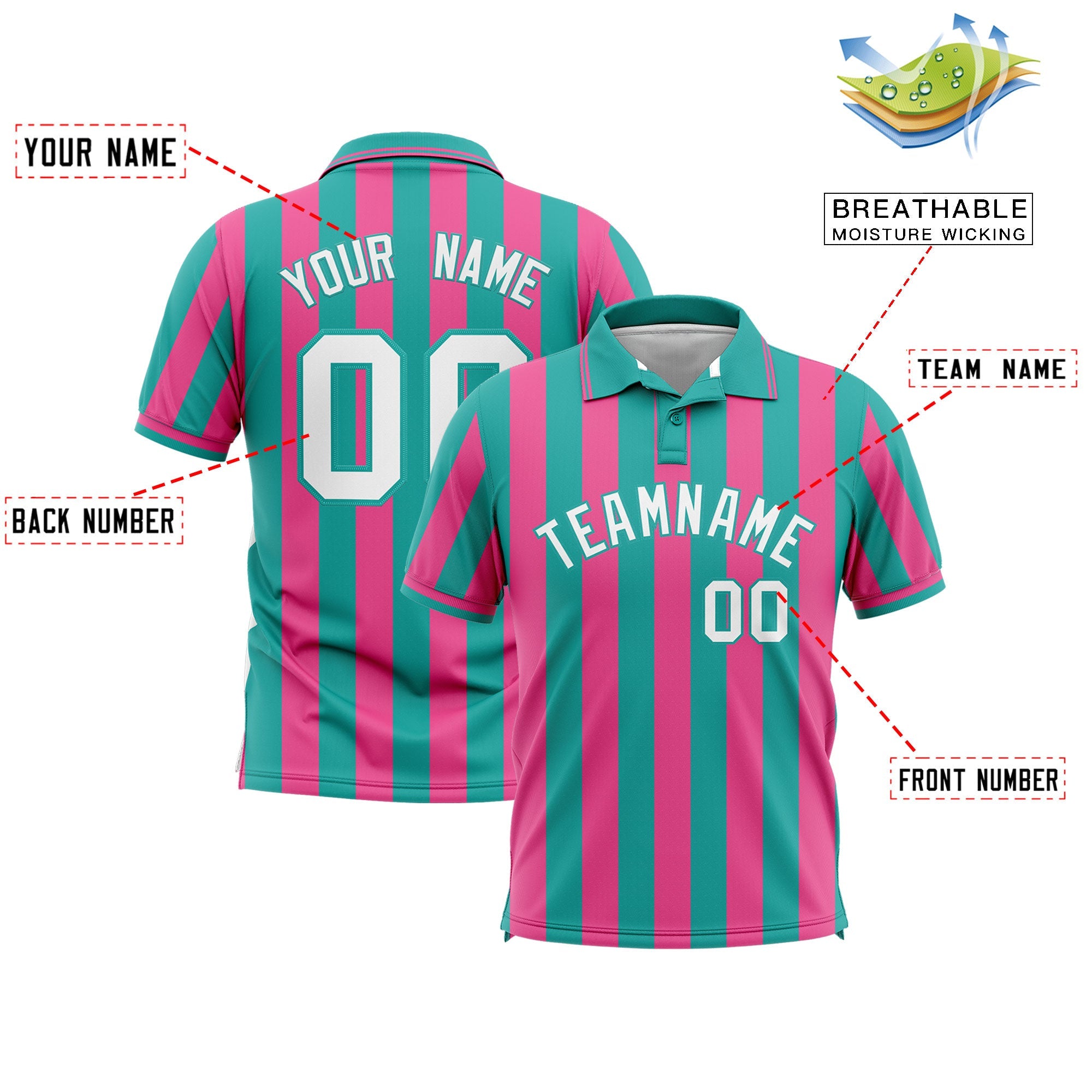 Custom Aqua Pink Vertical Stripes Design Performance Polo Shirt