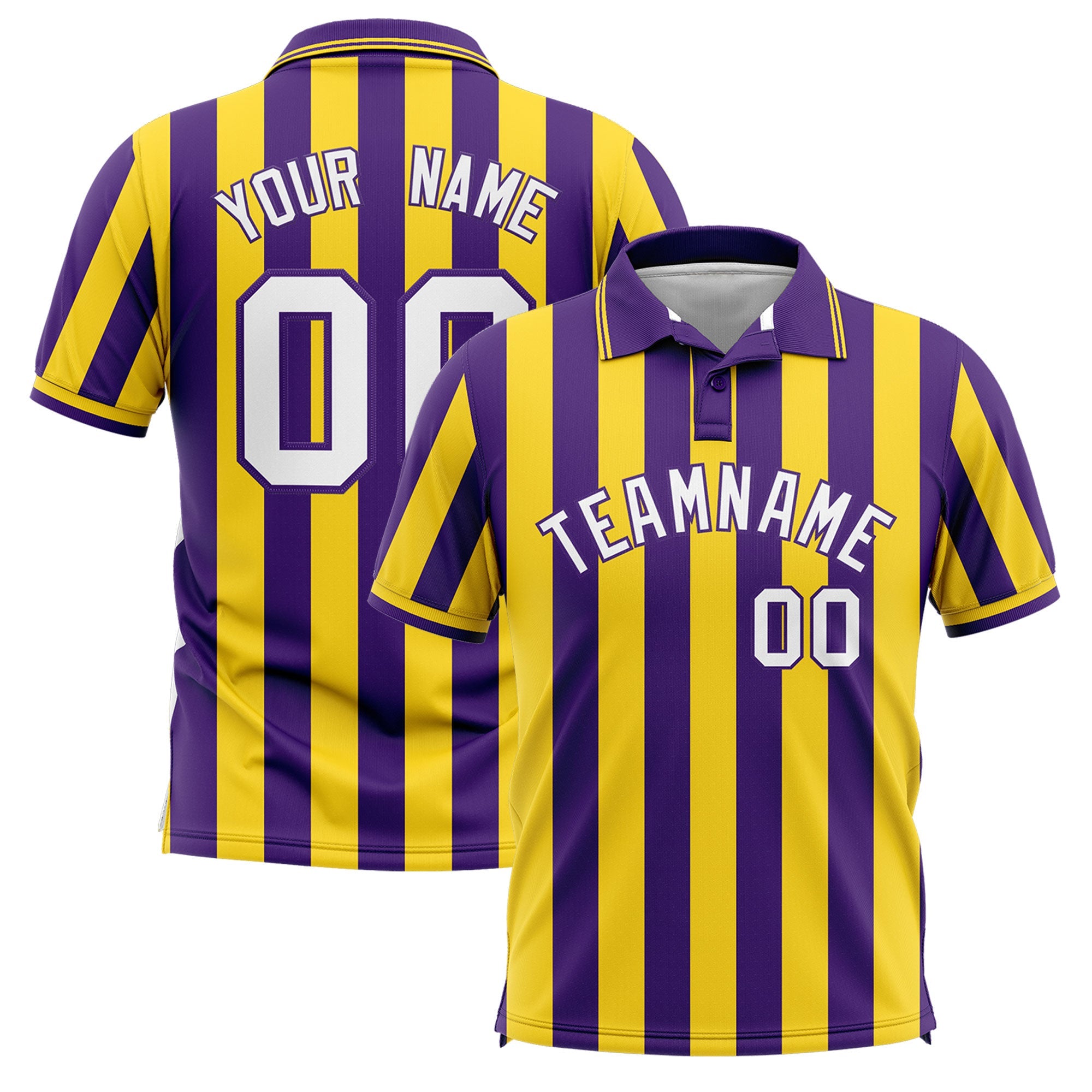 Custom Purple Gold Vertical Stripes Design Performance Polo Shirt