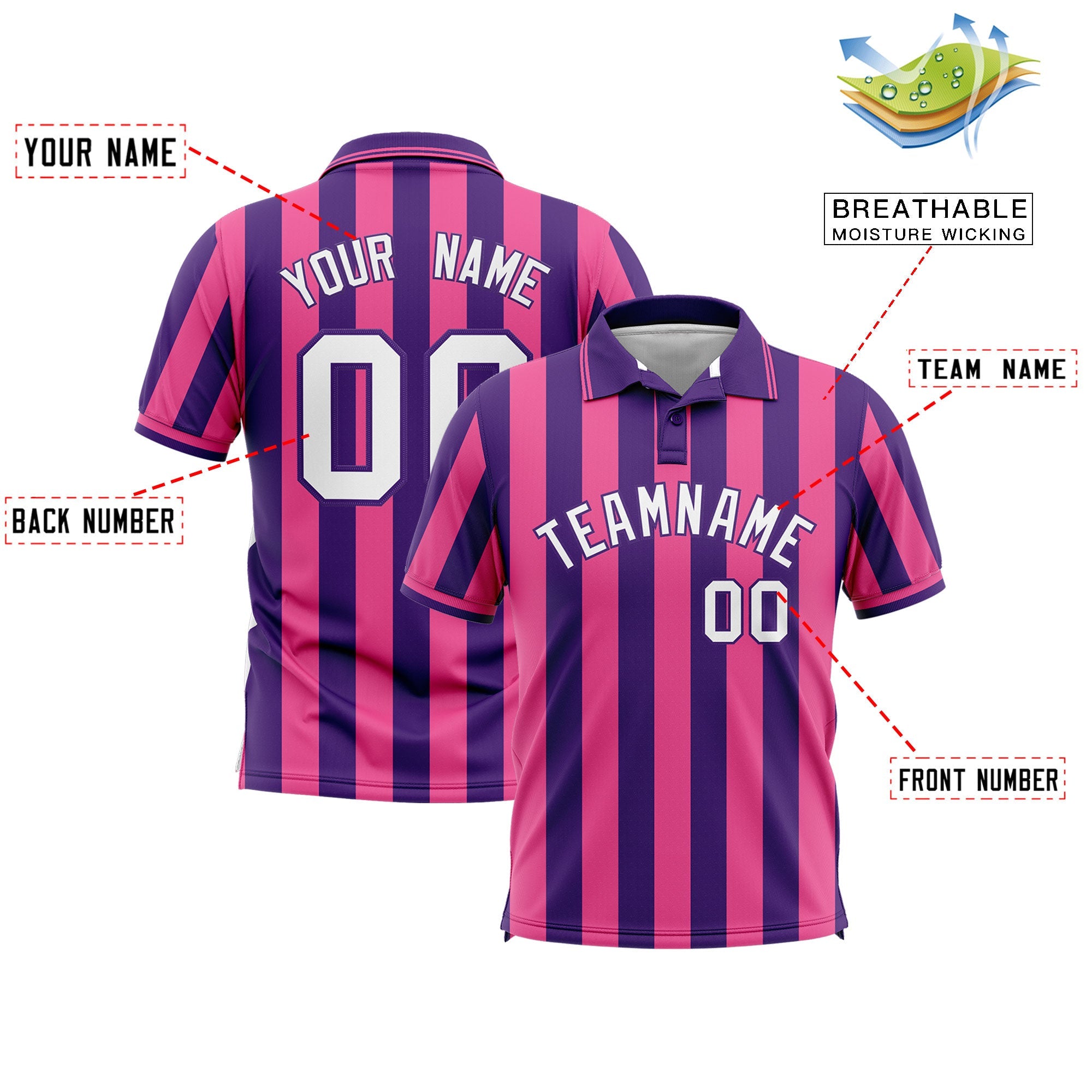 Custom Purple Pink Vertical Stripes Design Performance Polo Shirt