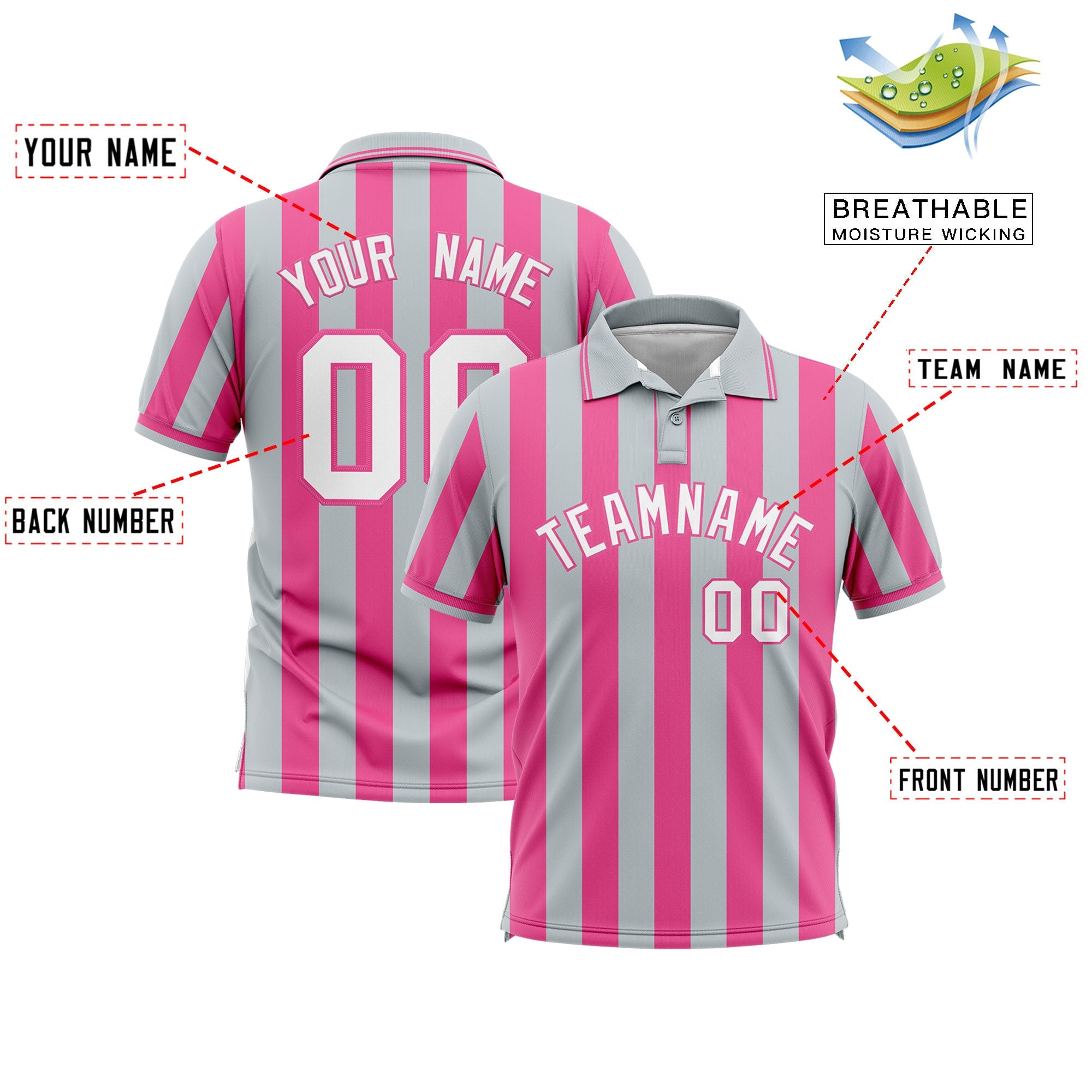 Custom Silver Pink Vertical Stripes Design Performance Polo Shirt