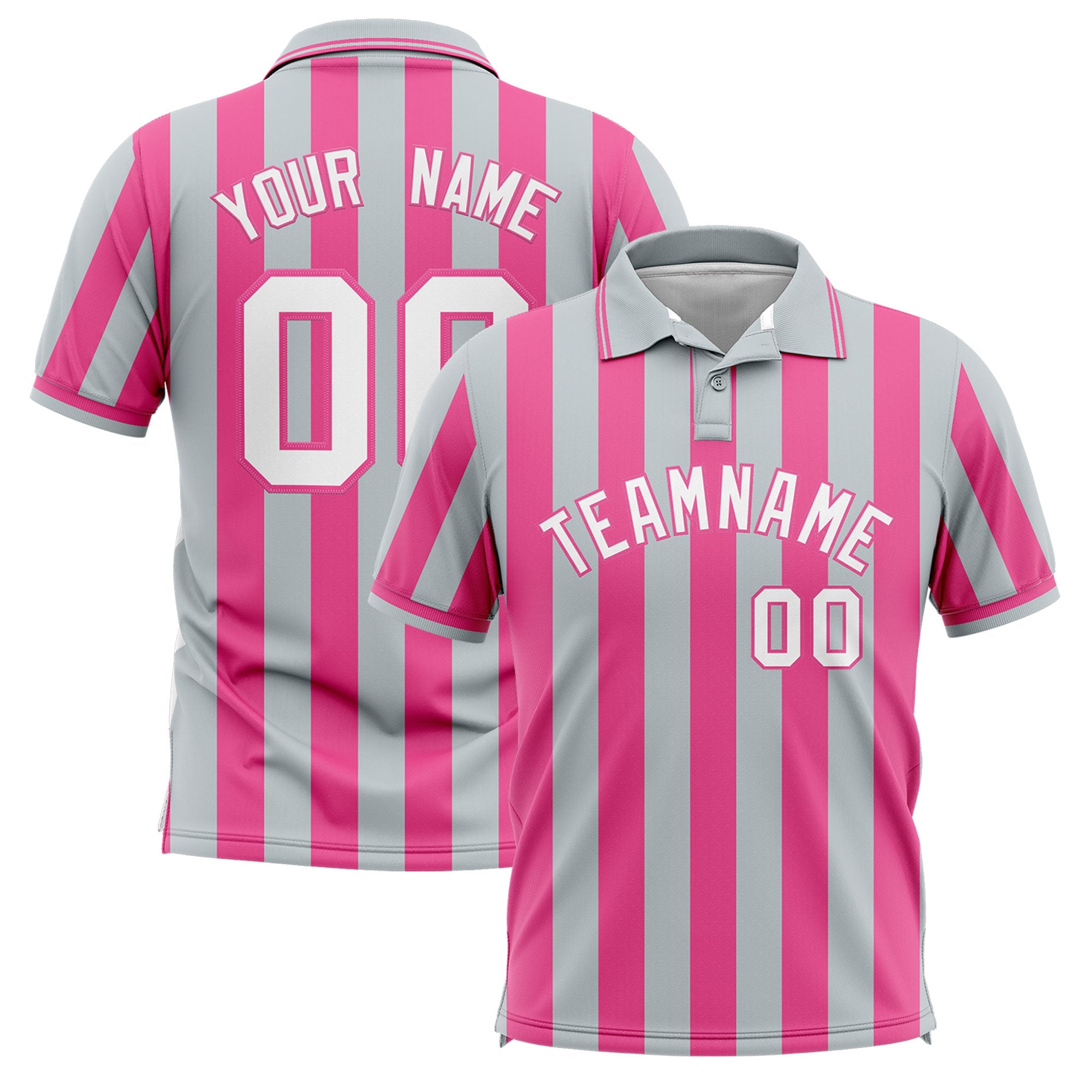 Custom Silver Pink Vertical Stripes Design Performance Polo Shirt