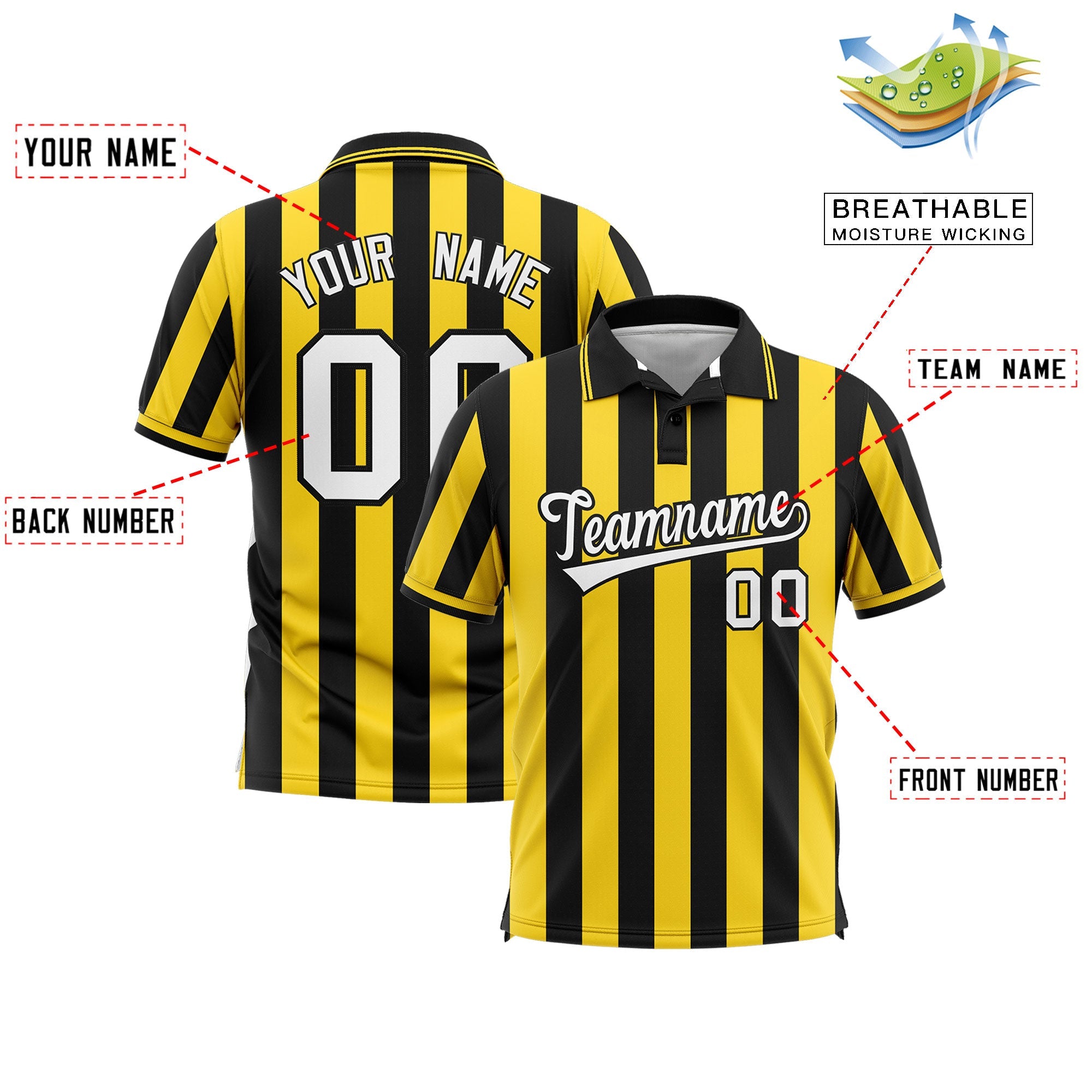 Custom Black Gold Vertical Stripes Design Performance Polo Shirt