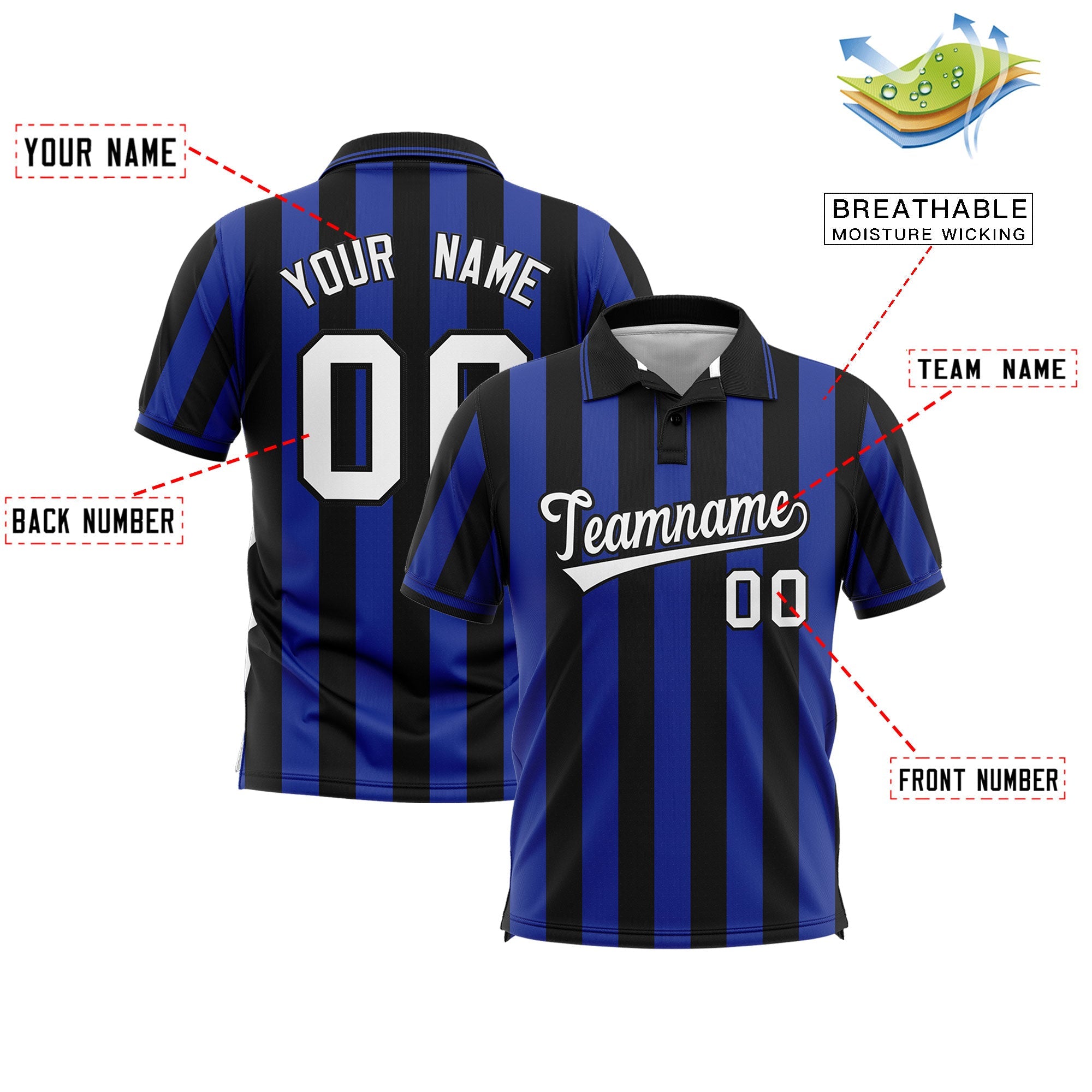 Custom Black Royal Vertical Stripes Design Performance Polo Shirt