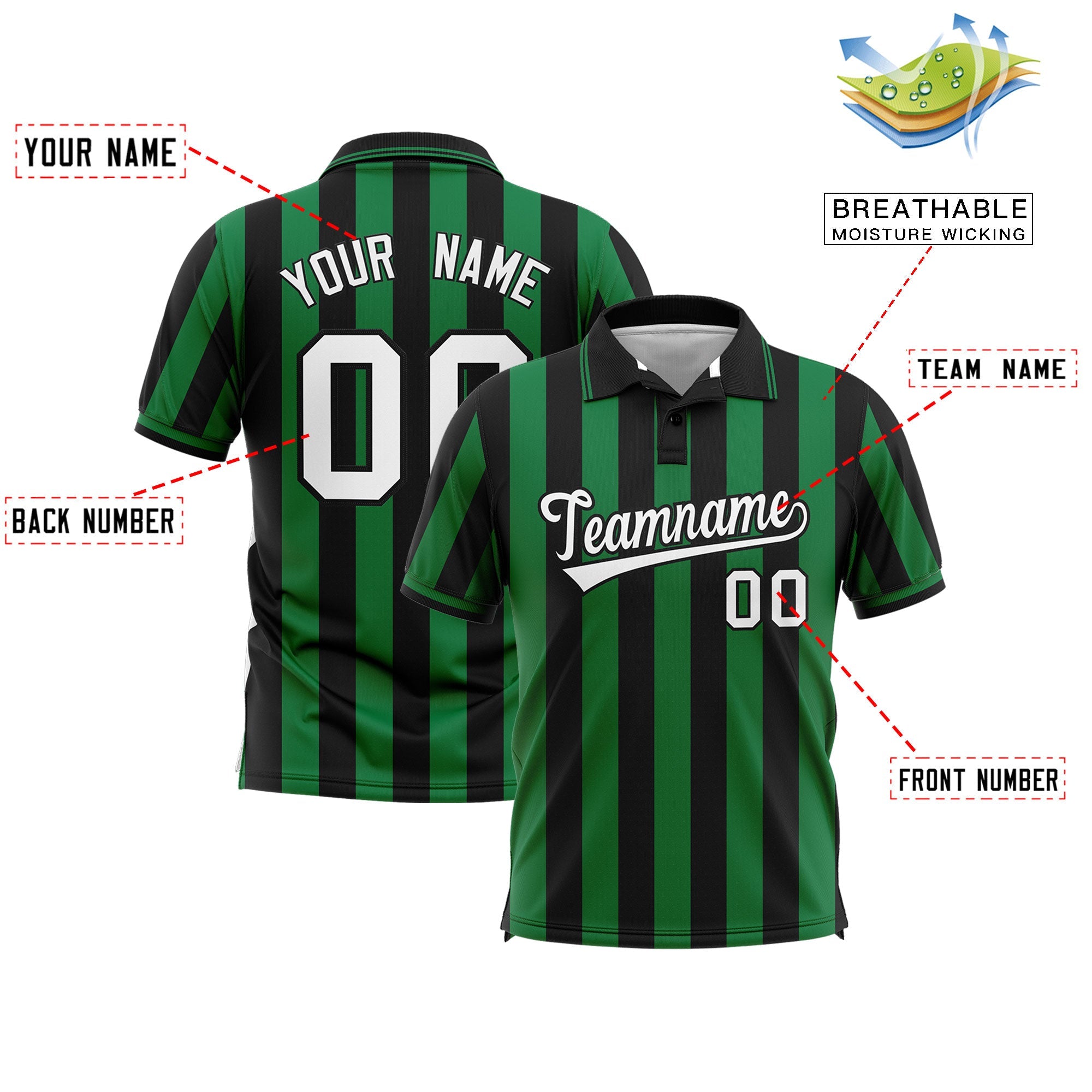 Custom Black Kelly Green Vertical Stripes Design Performance Polo Shirt