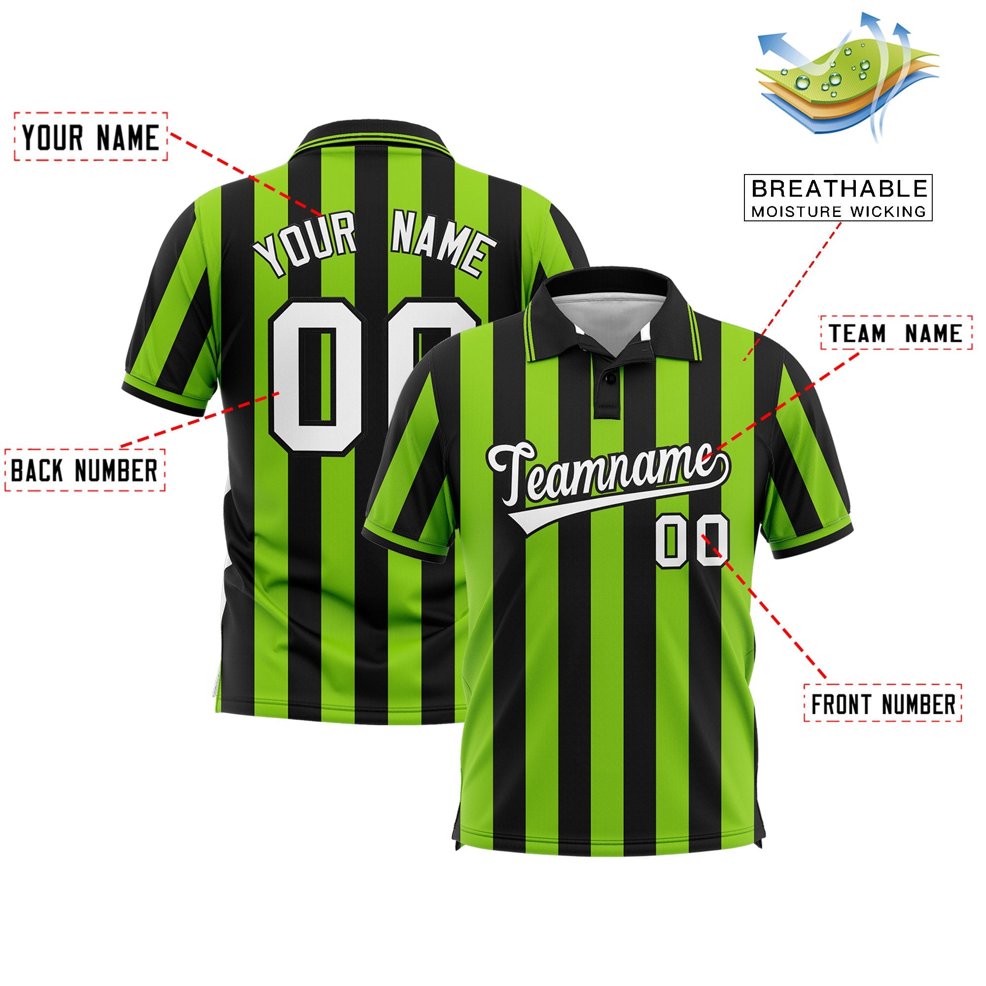 Custom Black Neon Green Vertical Stripes Design Performance Polo Shirt