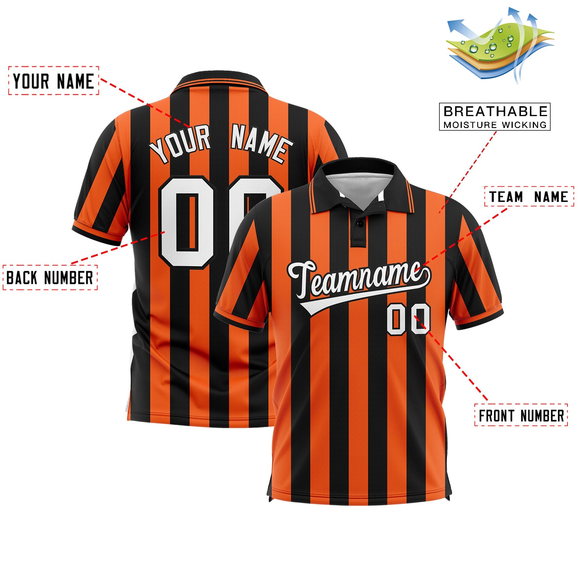 Custom Black Orange Vertical Stripes Design Performance Polo Shirt