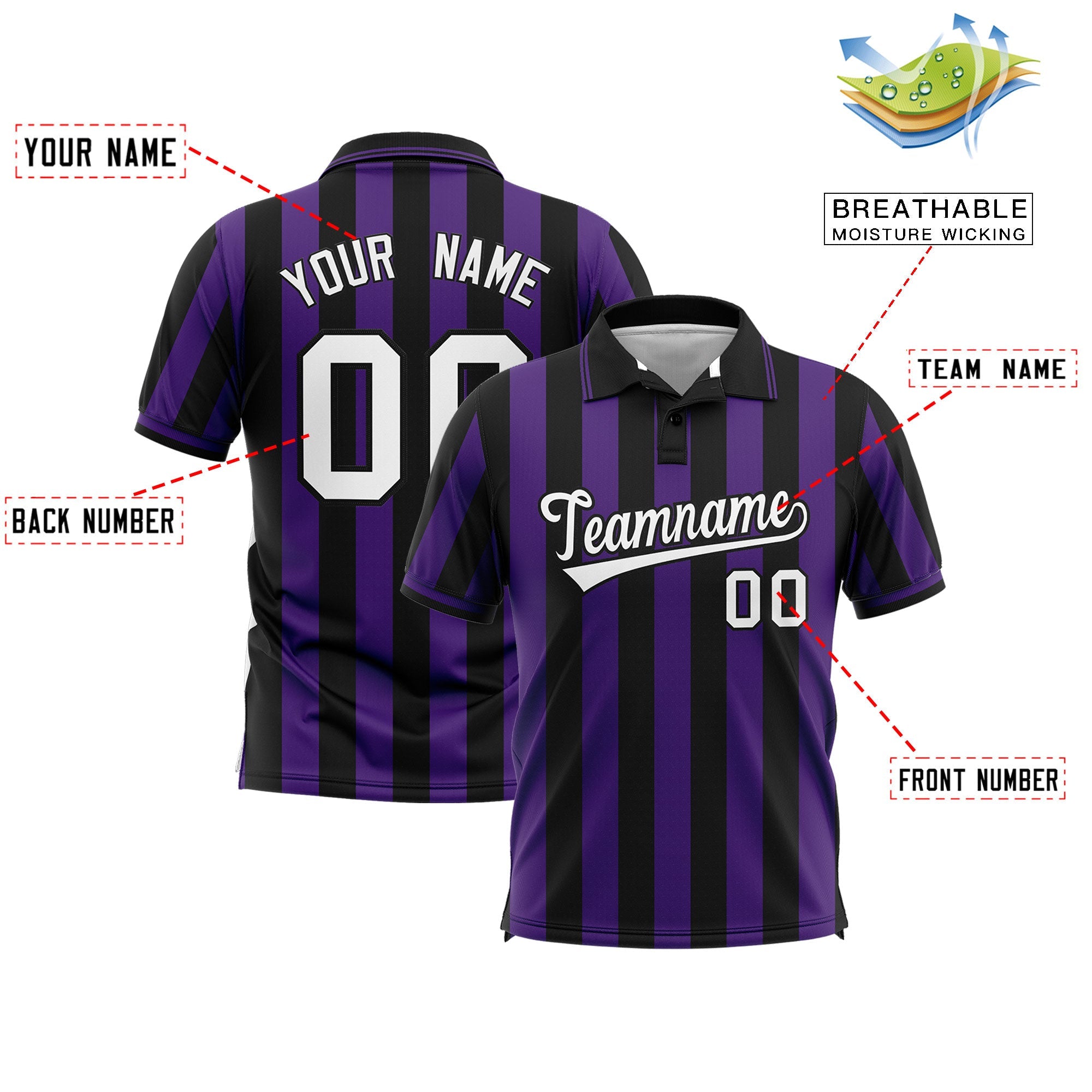 Custom Black Purple Vertical Stripes Design Performance Polo Shirt