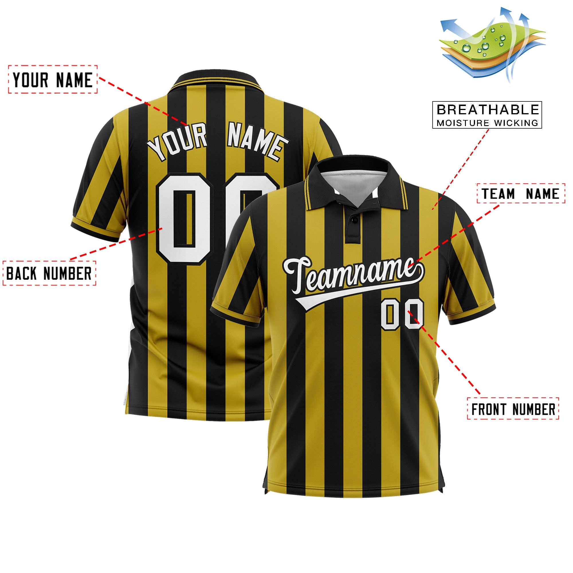 Custom Black Old Gold Vertical Stripes Design Performance Polo Shirt