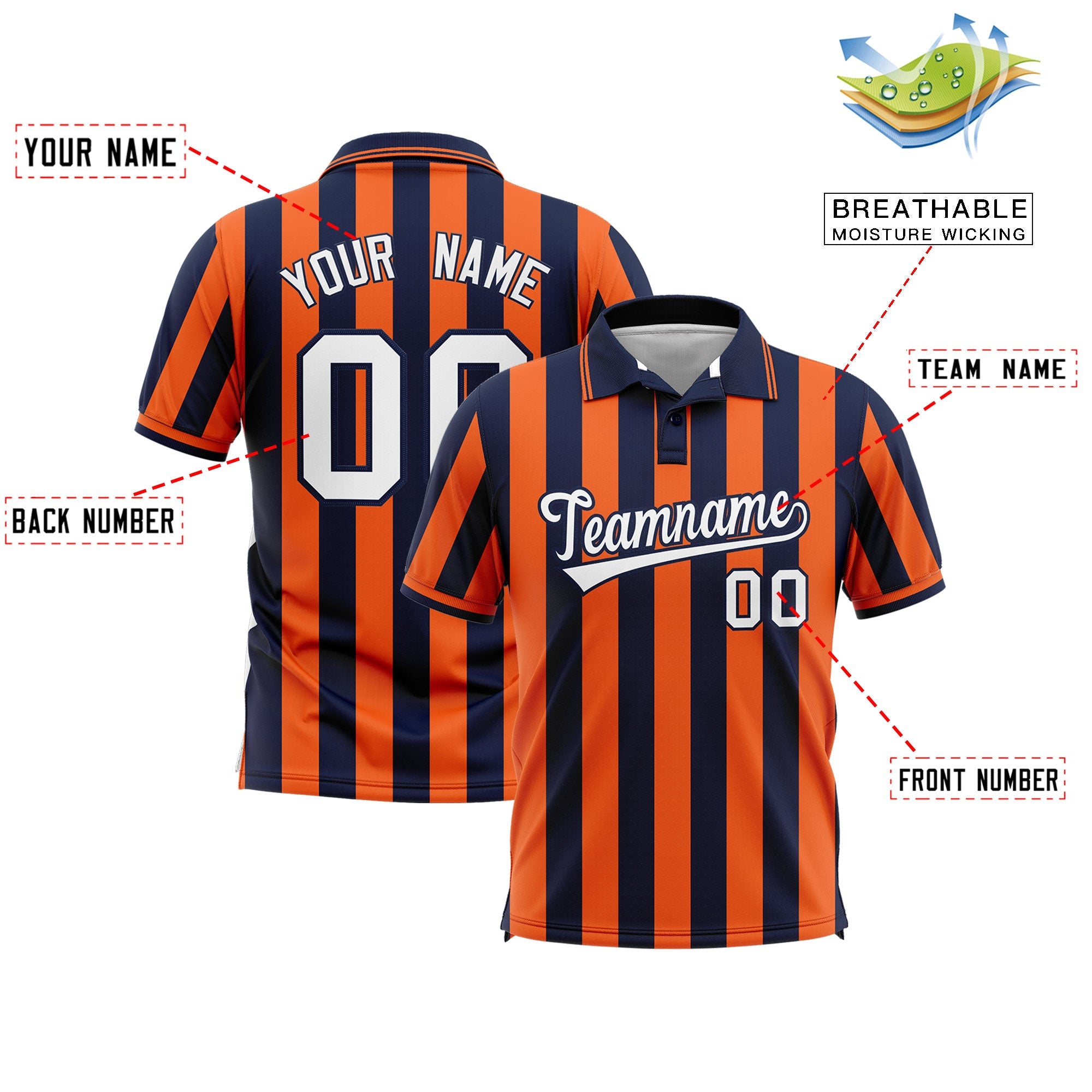 Custom Navy Orange Vertical Stripes Design Performance Polo Shirt