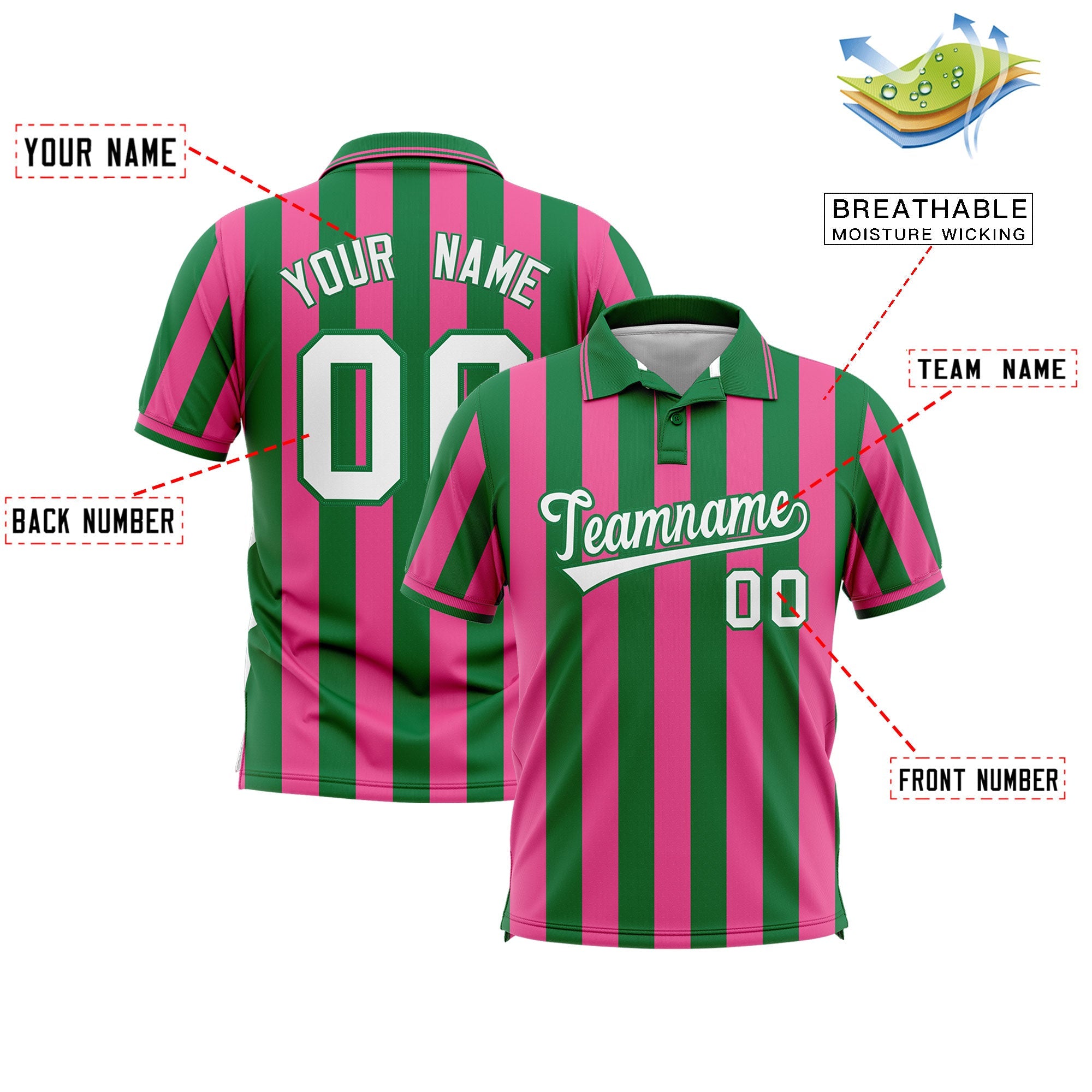 Custom Kelly Green Pink Vertical Stripes Design Performance Polo Shirt