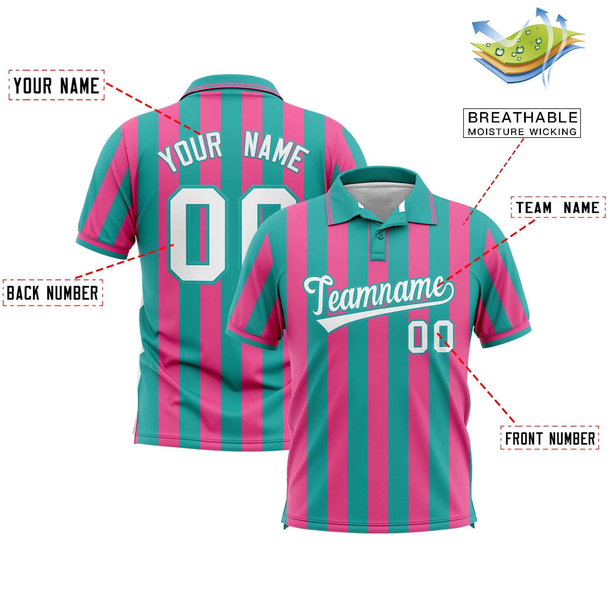 Custom Aqua Pink Vertical Stripes Design Performance Polo Shirt