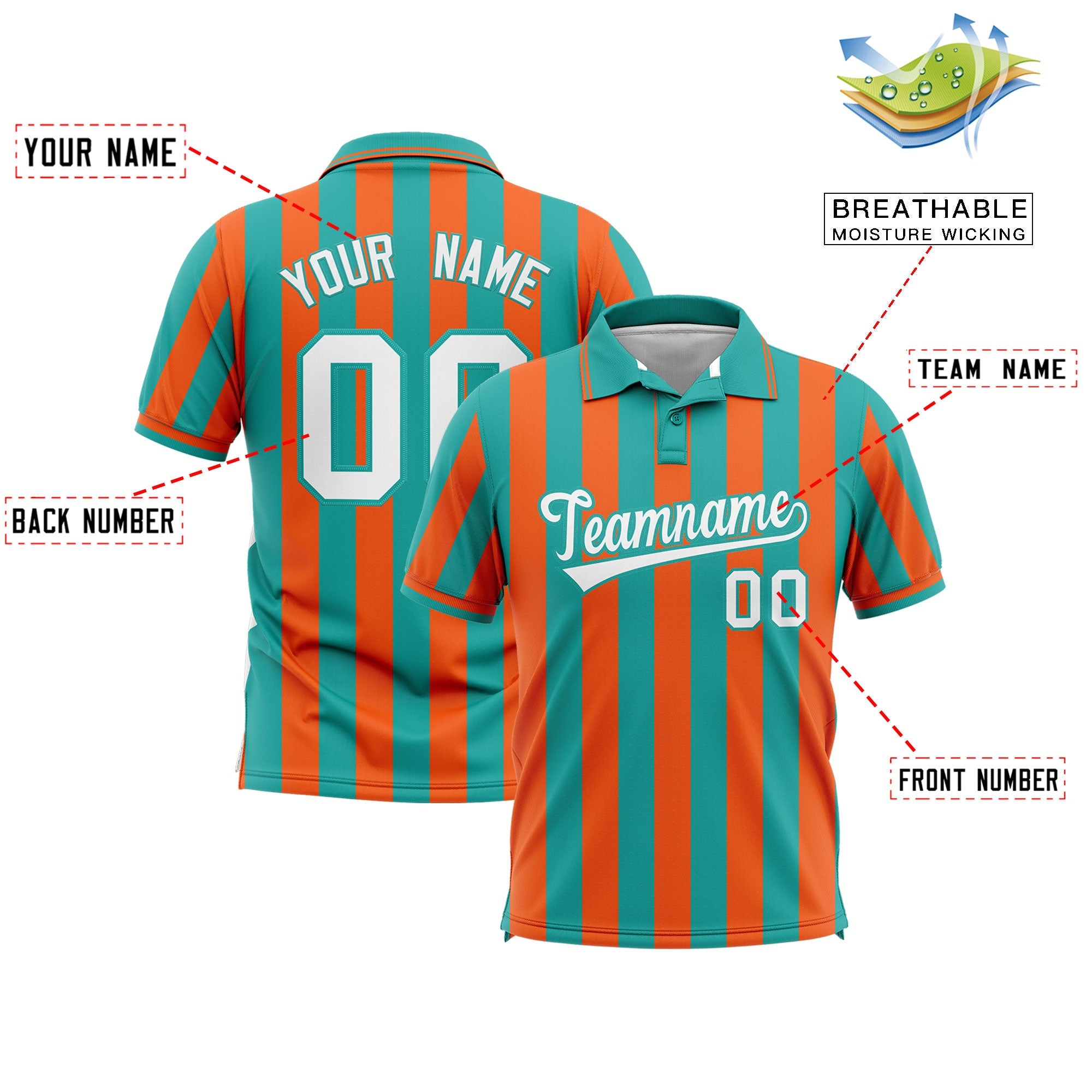 Custom Aqua Orange Vertical Stripes Design Performance Polo Shirt