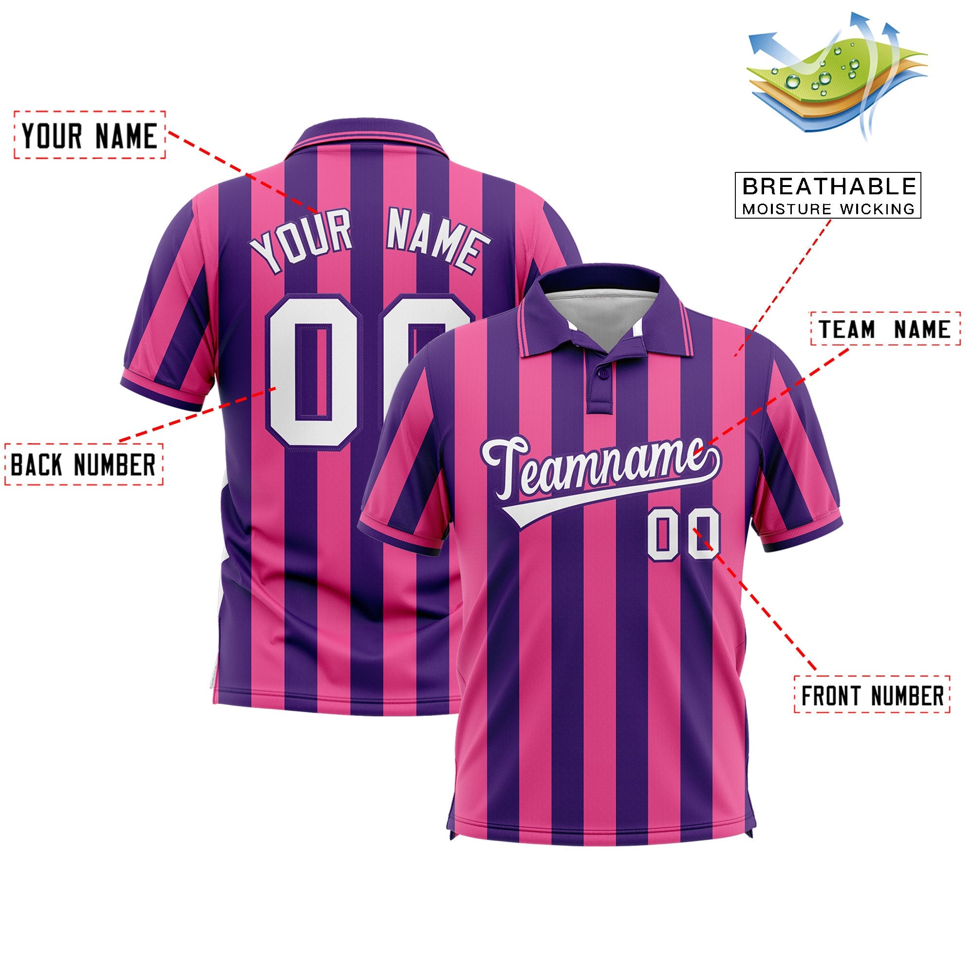 Custom Purple Pink Vertical Stripes Design Performance Polo Shirt