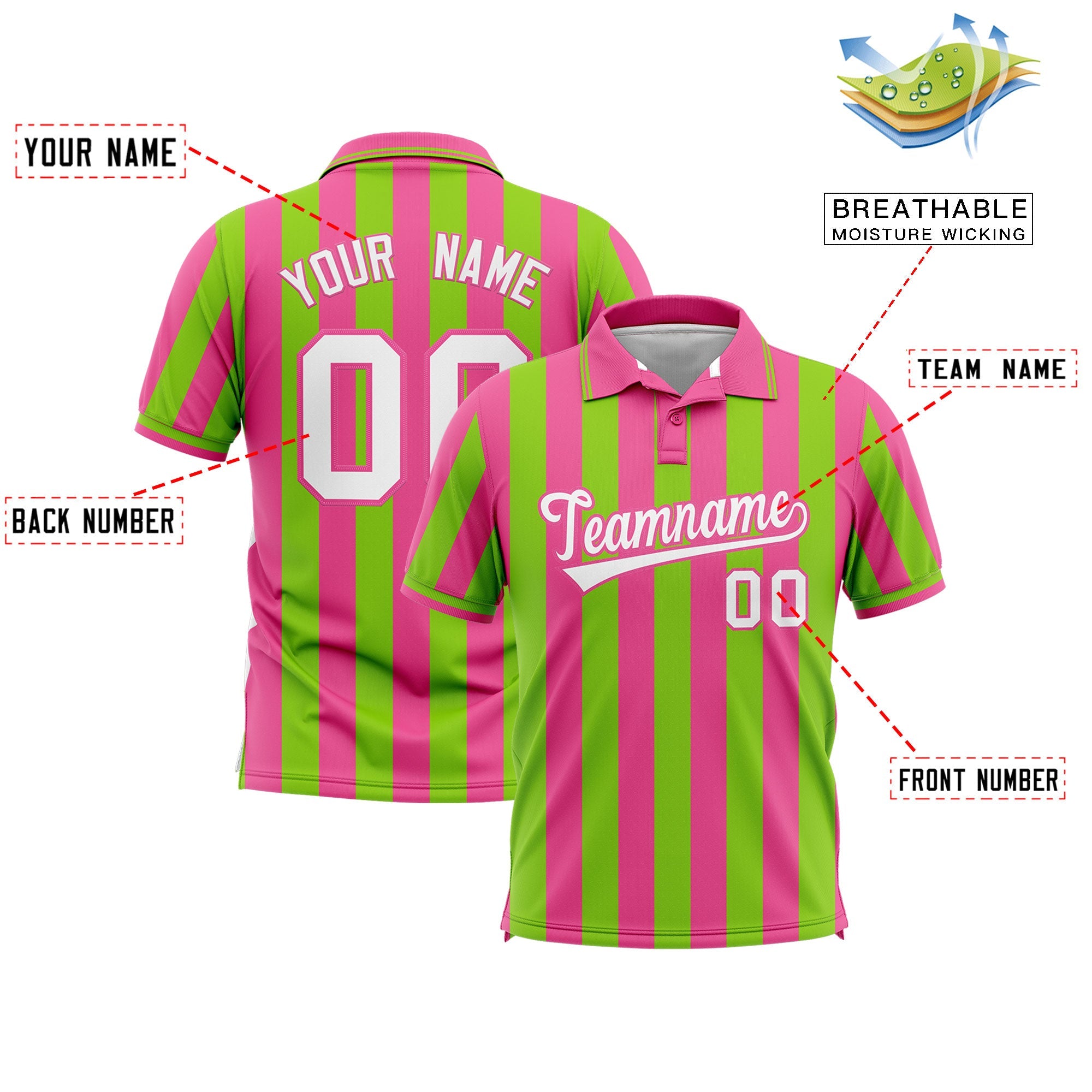 Custom Pink Neon Green Vertical Stripes Design Performance Polo Shirt